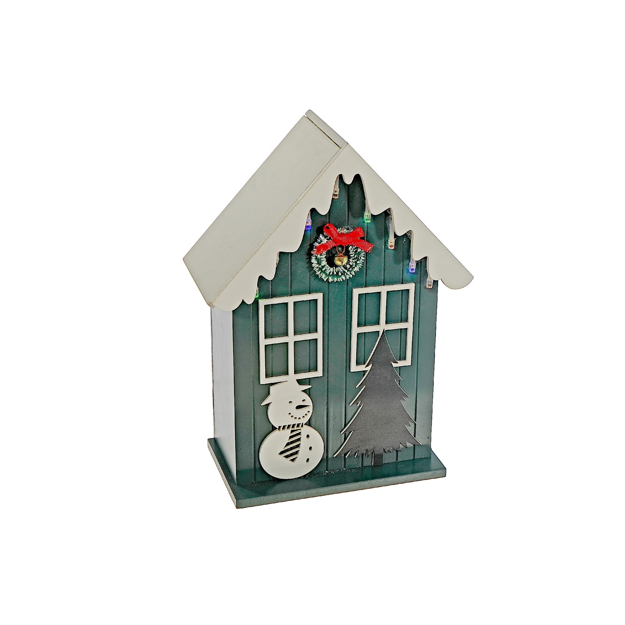 LED Wooden House with Snowman Green with Timer – Christmas Tabletop Decoration, Holiday Accent, Illuminated Winter Scene