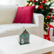 LED Wooden House with Snowman Green with Timer – Christmas Tabletop Decoration, Holiday Accent, Illuminated Winter Scene