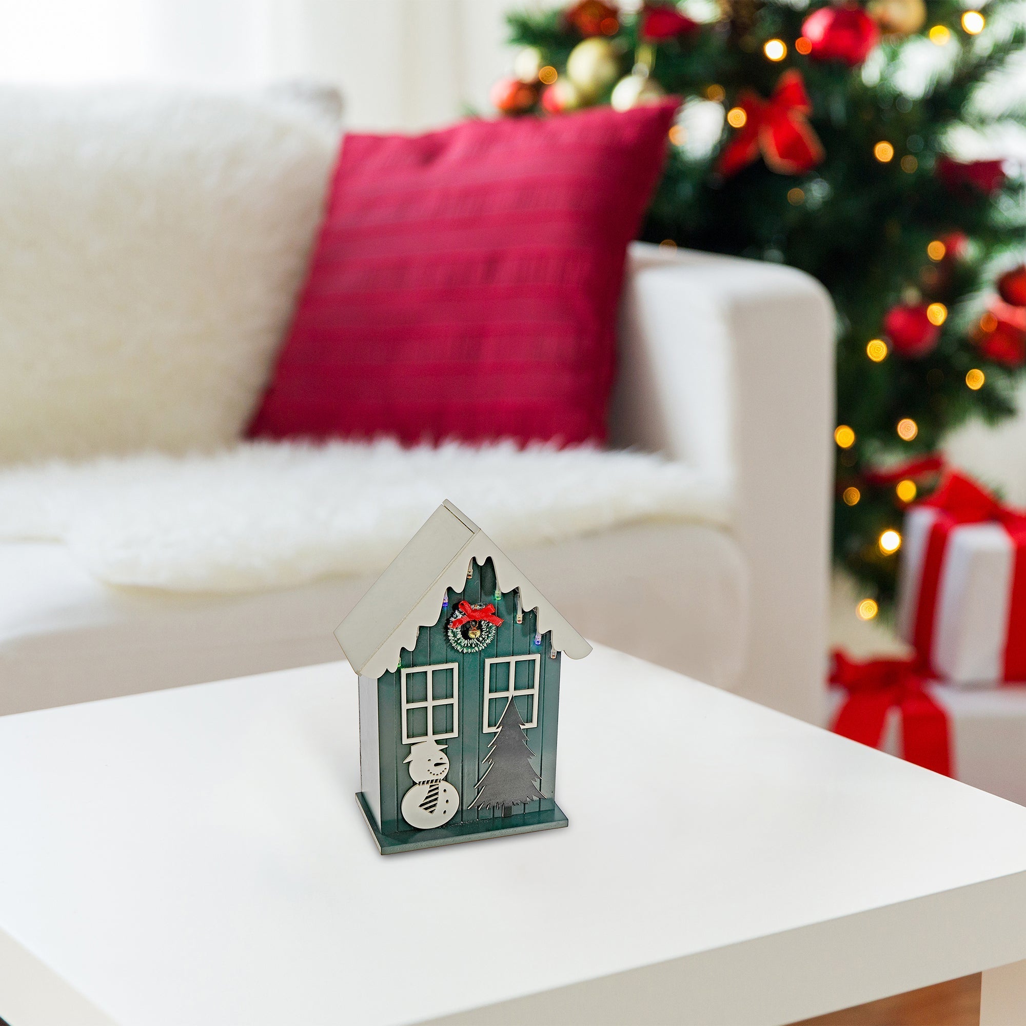 LED Wooden House with Snowman Green with Timer – Christmas Tabletop Decoration, Holiday Accent, Illuminated Winter Scene