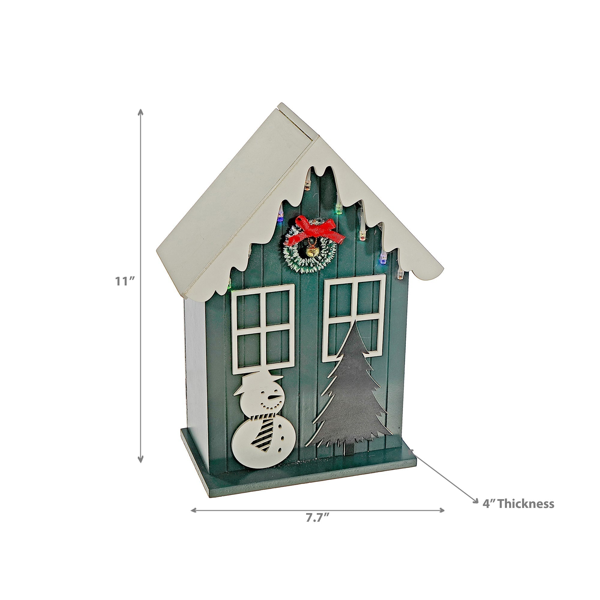 LED Wooden House with Snowman Green with Timer – Christmas Tabletop Decoration, Holiday Accent, Illuminated Winter Scene