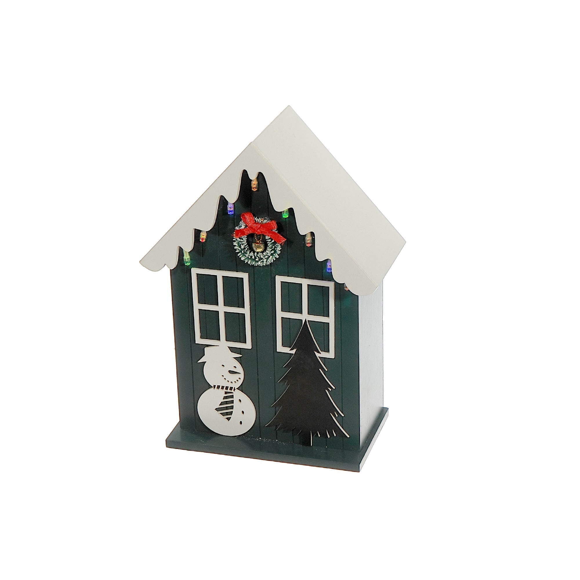 LED Wooden House with Snowman Green with Timer – Christmas Tabletop Decoration, Holiday Accent, Illuminated Winter Scene