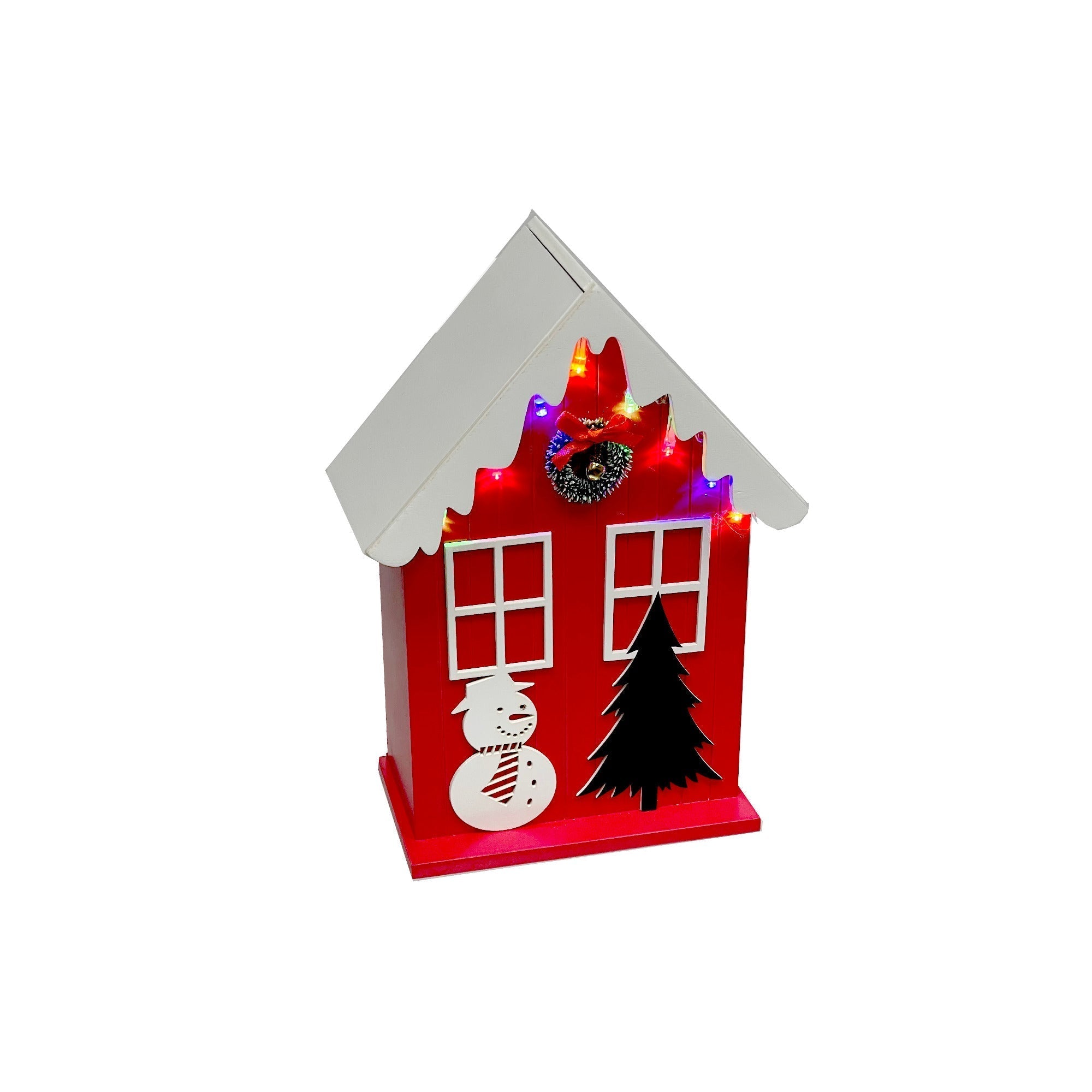 LED Wooden House with Snowman Red with Timer – Christmas Tabletop Decoration, Holiday Accent, Illuminated Winter Scene