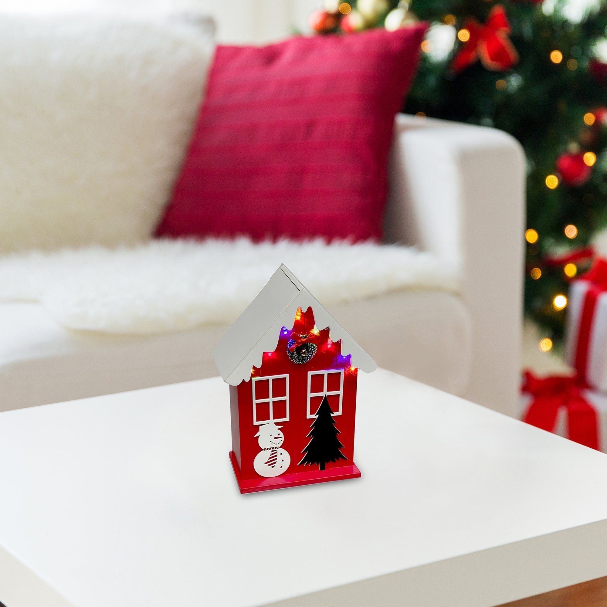 LED Wooden House with Snowman Red with Timer – Christmas Tabletop Decoration, Holiday Accent, Illuminated Winter Scene