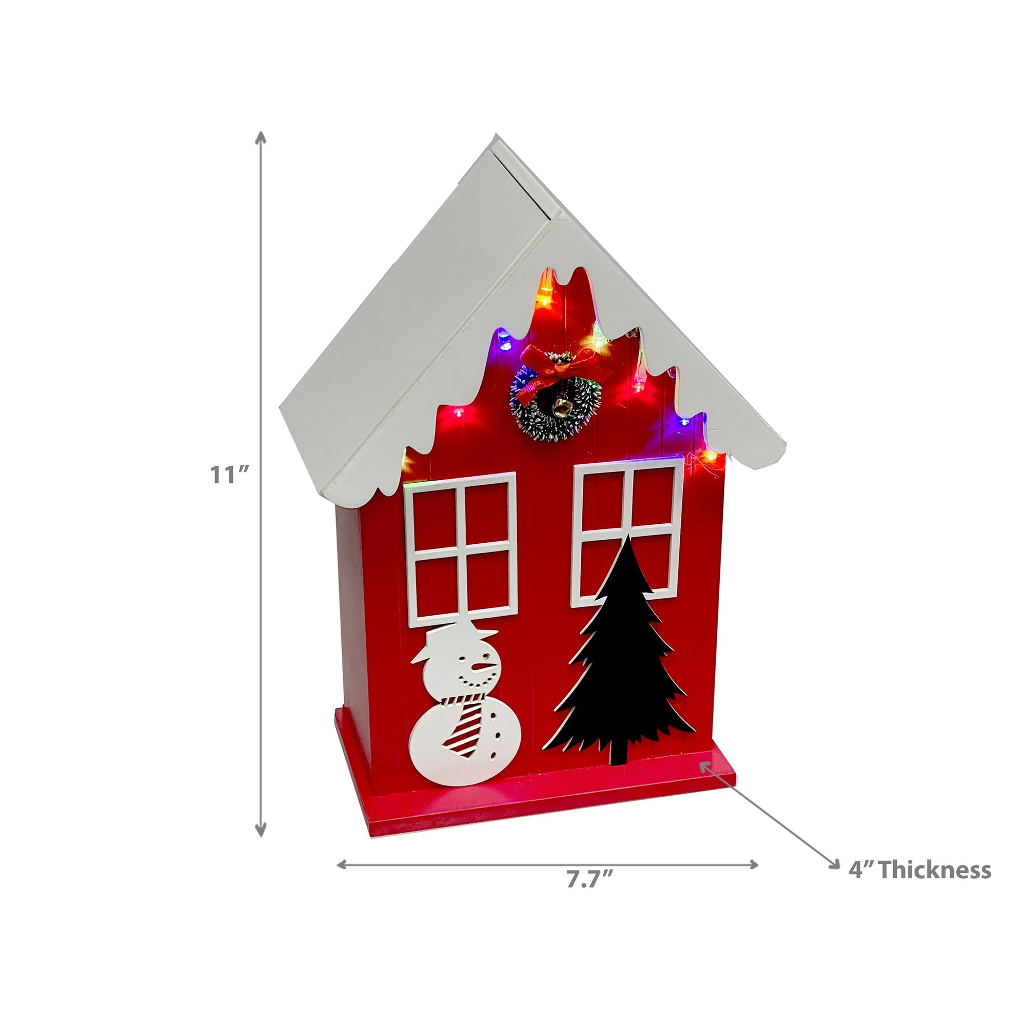 LED Wooden House with Snowman Red with Timer – Christmas Tabletop Decoration, Holiday Accent, Illuminated Winter Scene