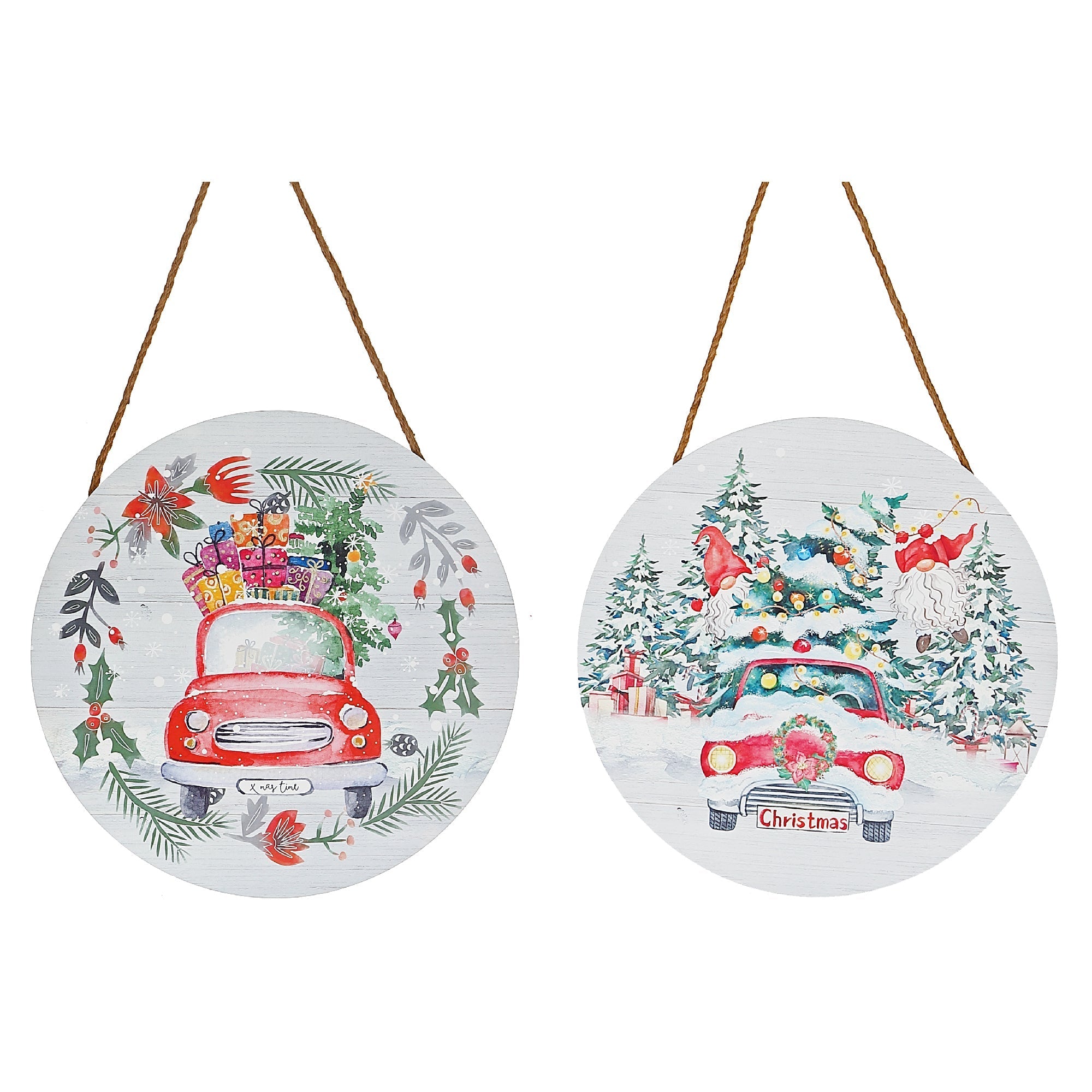 MDF Round Wall Hanger Holiday Red Truck Christmas Wall Decor - Set of 2