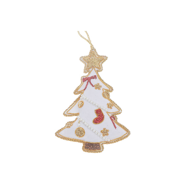 Handcrafted White Beaded Christmas Tree Hanging Ornament - Set of 2