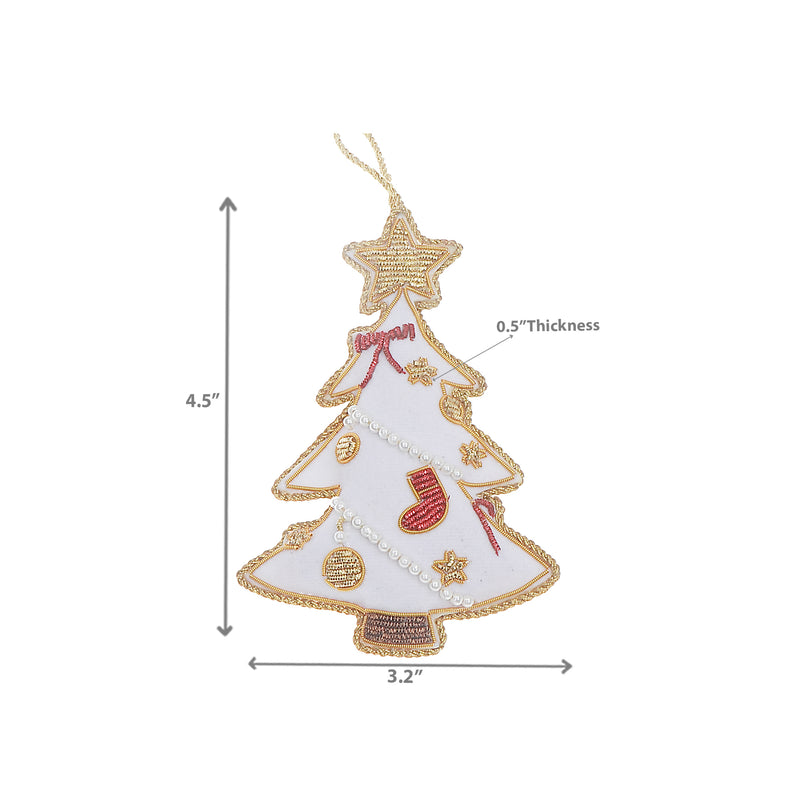 Handcrafted White Beaded Christmas Tree Hanging Ornament - Set of 2
