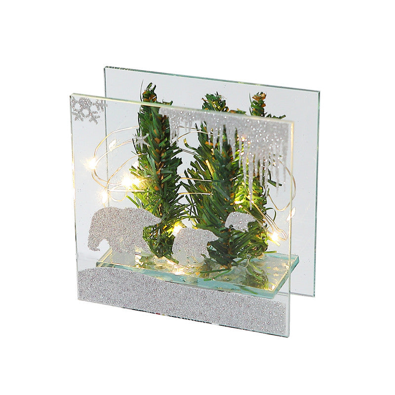 Winter Forest Bear LED Glass Stand – Square, Festive LED Home Decor
