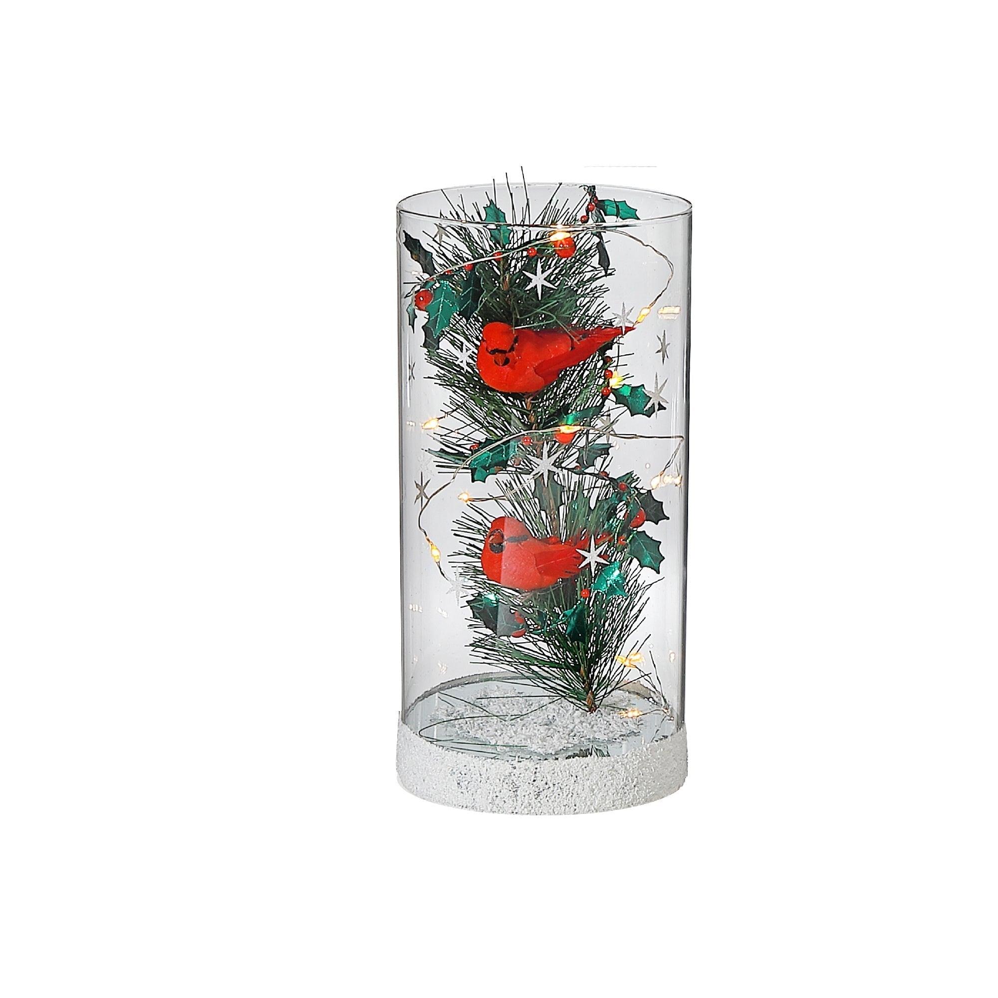 Large LED Cylinder Glass Tree with Cardinal Decor – Christmas Accent