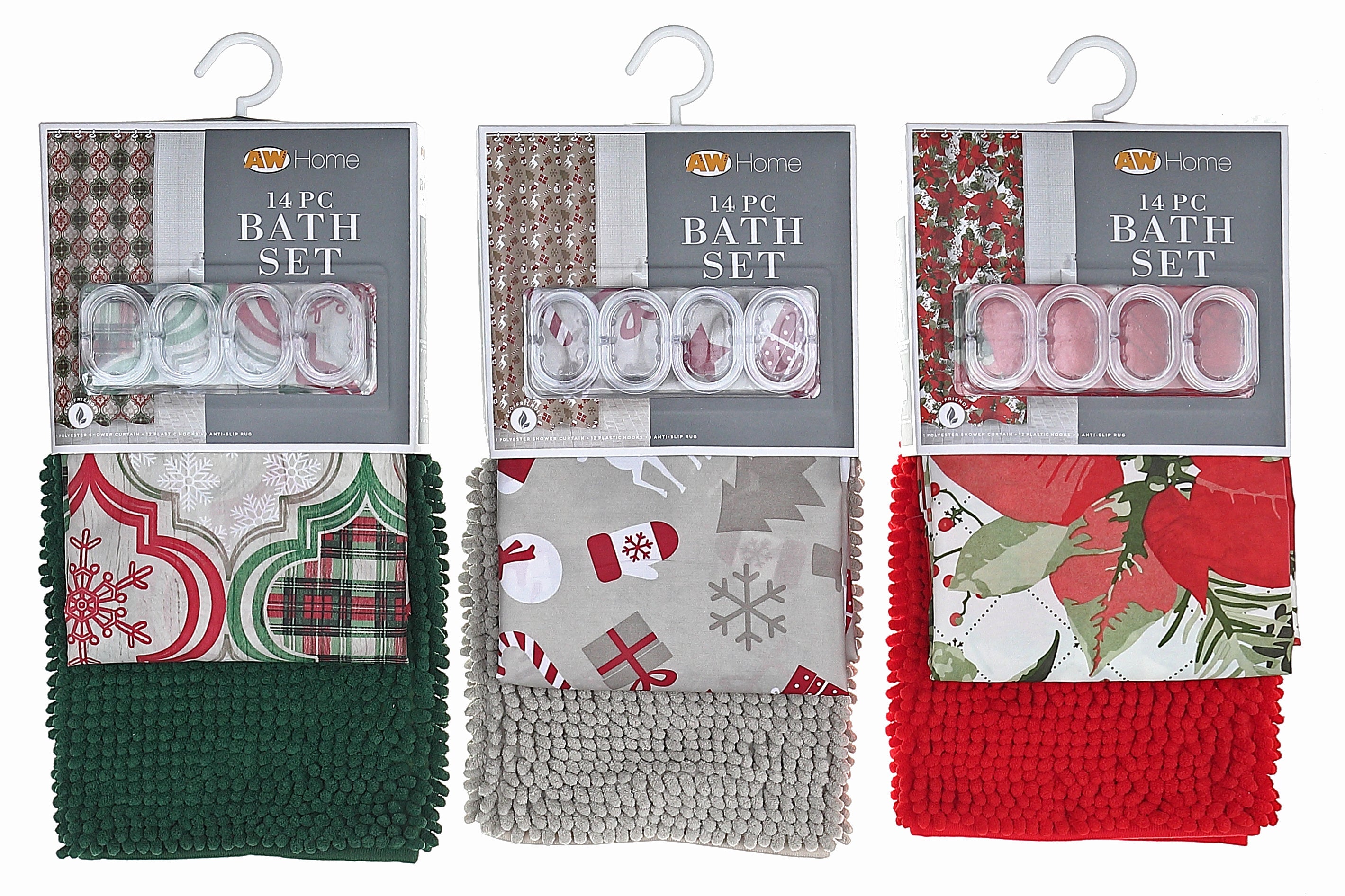 Holiday 14 Piece PEVA Shower Curtain Set With 12 Hooks and Bath Mat Assorted Designs