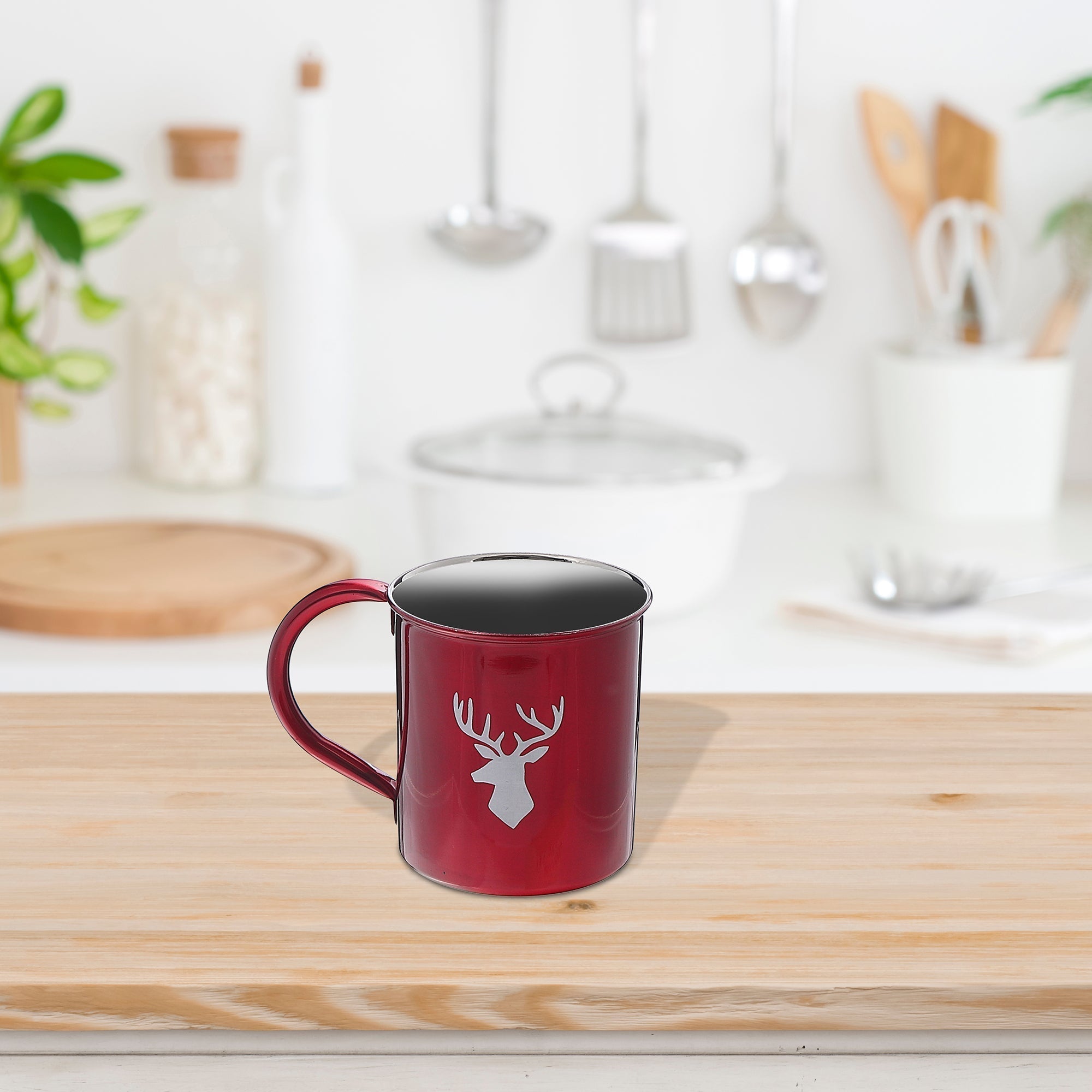 Christmas Stainless Steel Mug Reindeer Set Of 2, Holiday Drinkware, Festive Tableware