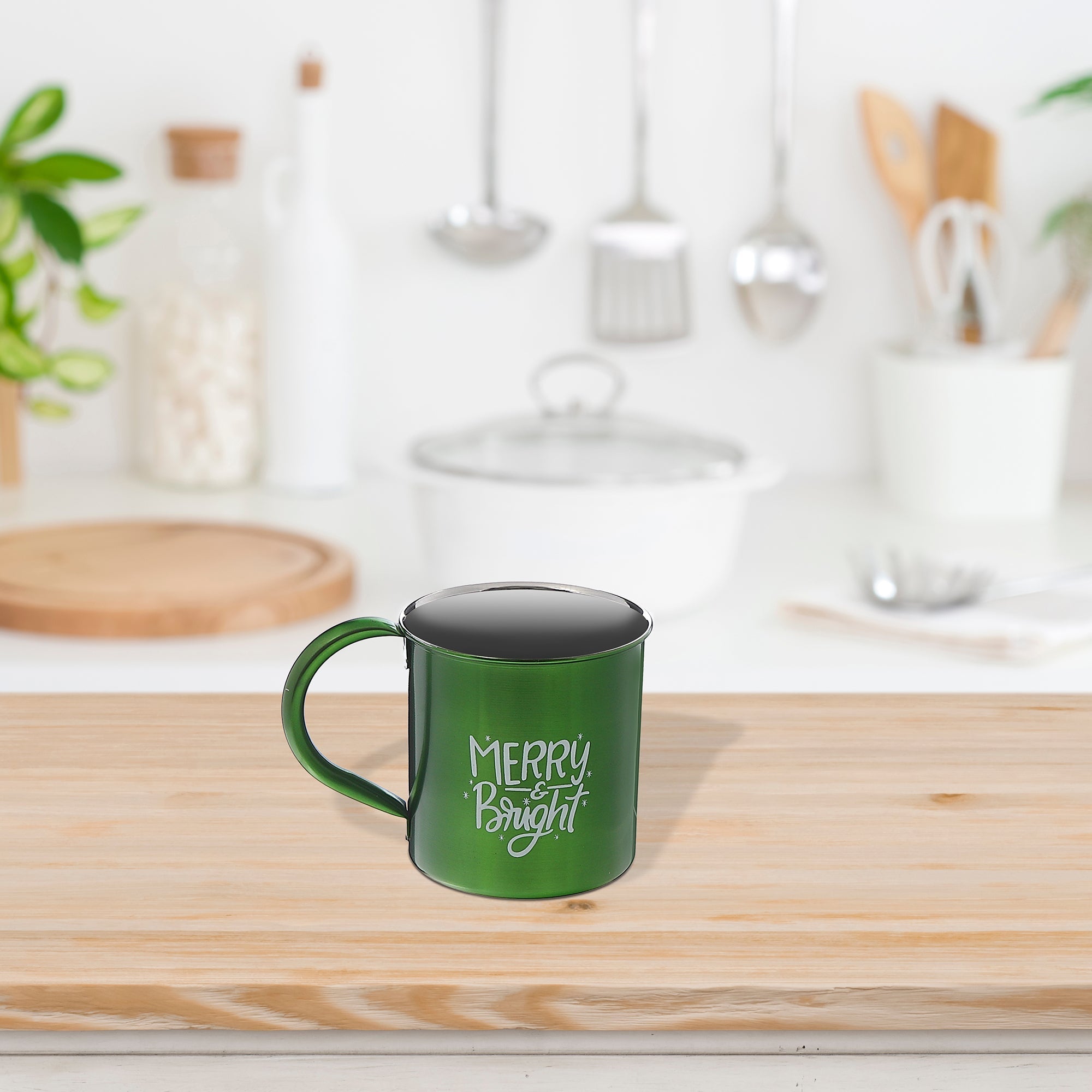 Christmas Stainless Steel Mug Merry & Bright Set Of 2, Holiday Drinkware, Festive Tableware