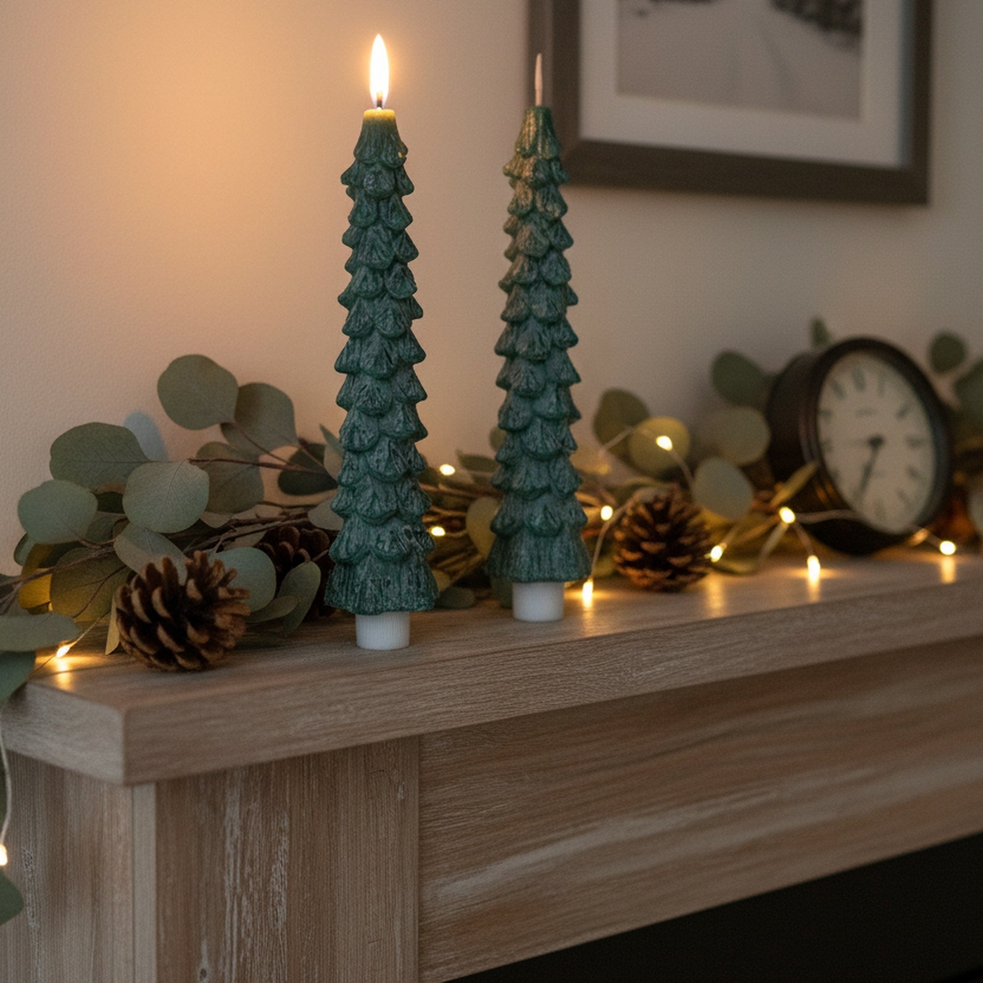 LED Wax Tapered Boxed Candle With Timer Dark Green 2 Piece, Holiday Decor