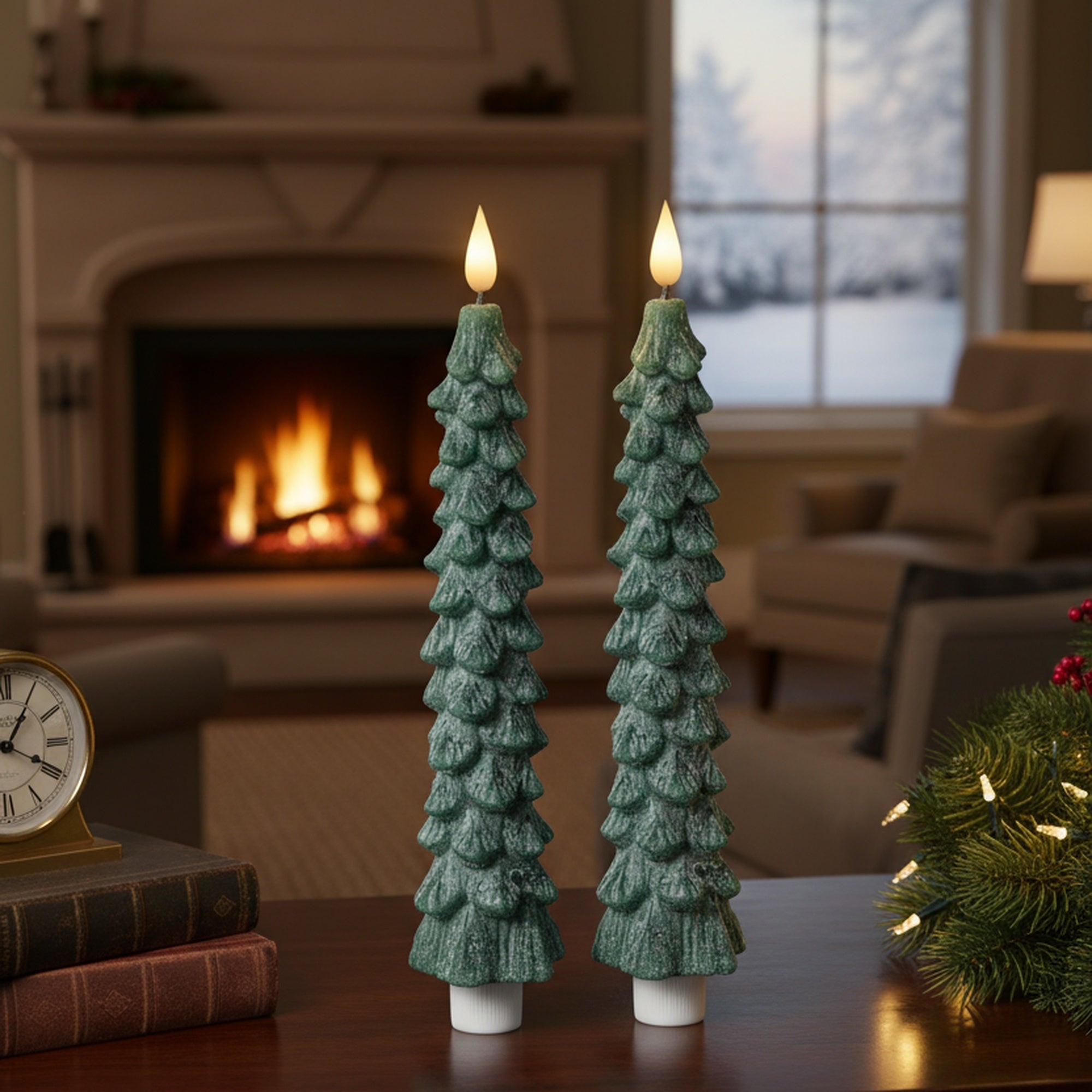 LED Wax Tapered Boxed Candle With Timer Dark Green 2 Piece, Holiday Decor