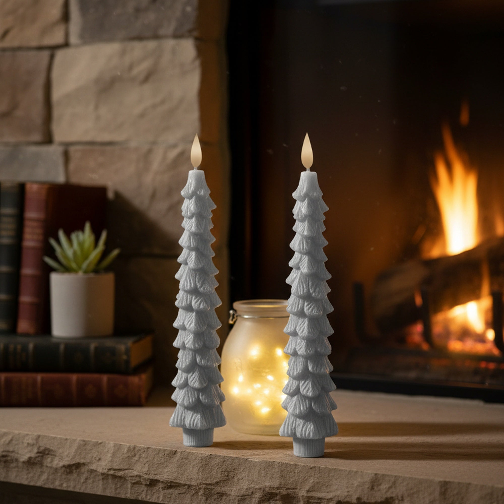 LED Wax Tapered Boxed Candle With Timer Grey 2 Piece, Holiday Decor