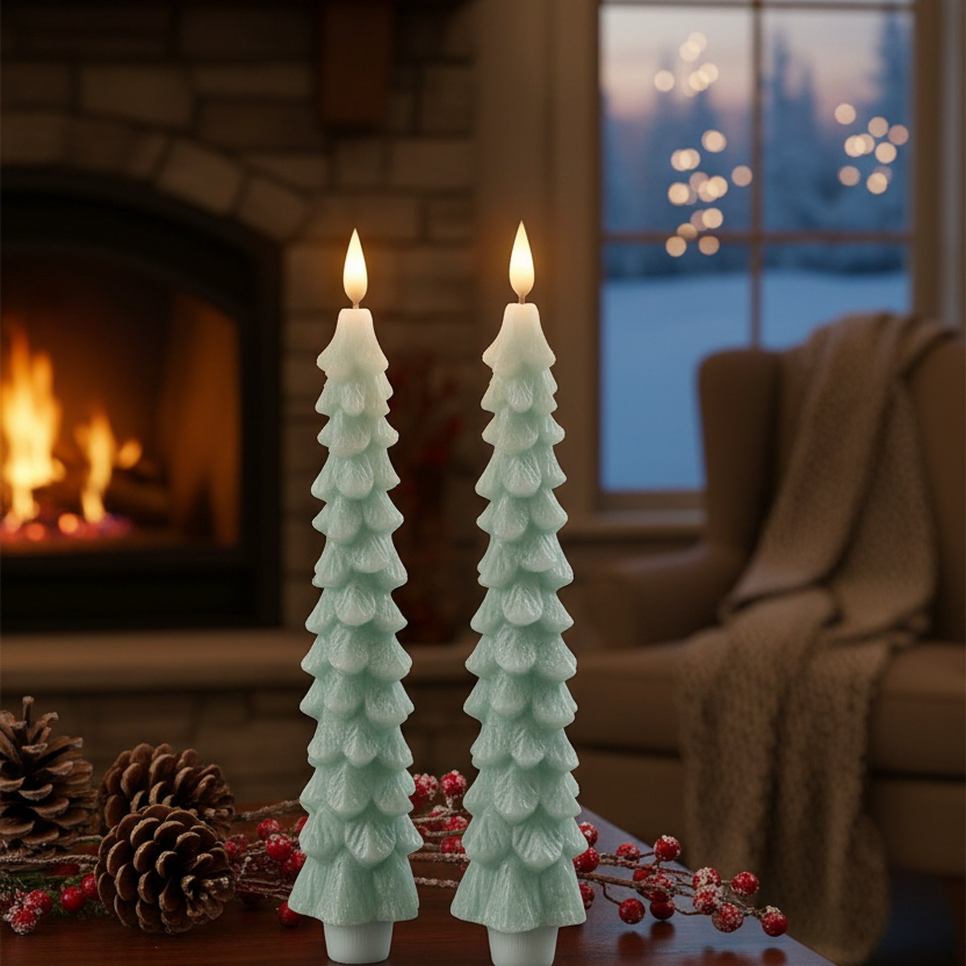 LED Wax Tapered Boxed Candle With Timer Mint 2 Piece, Holiday Decor