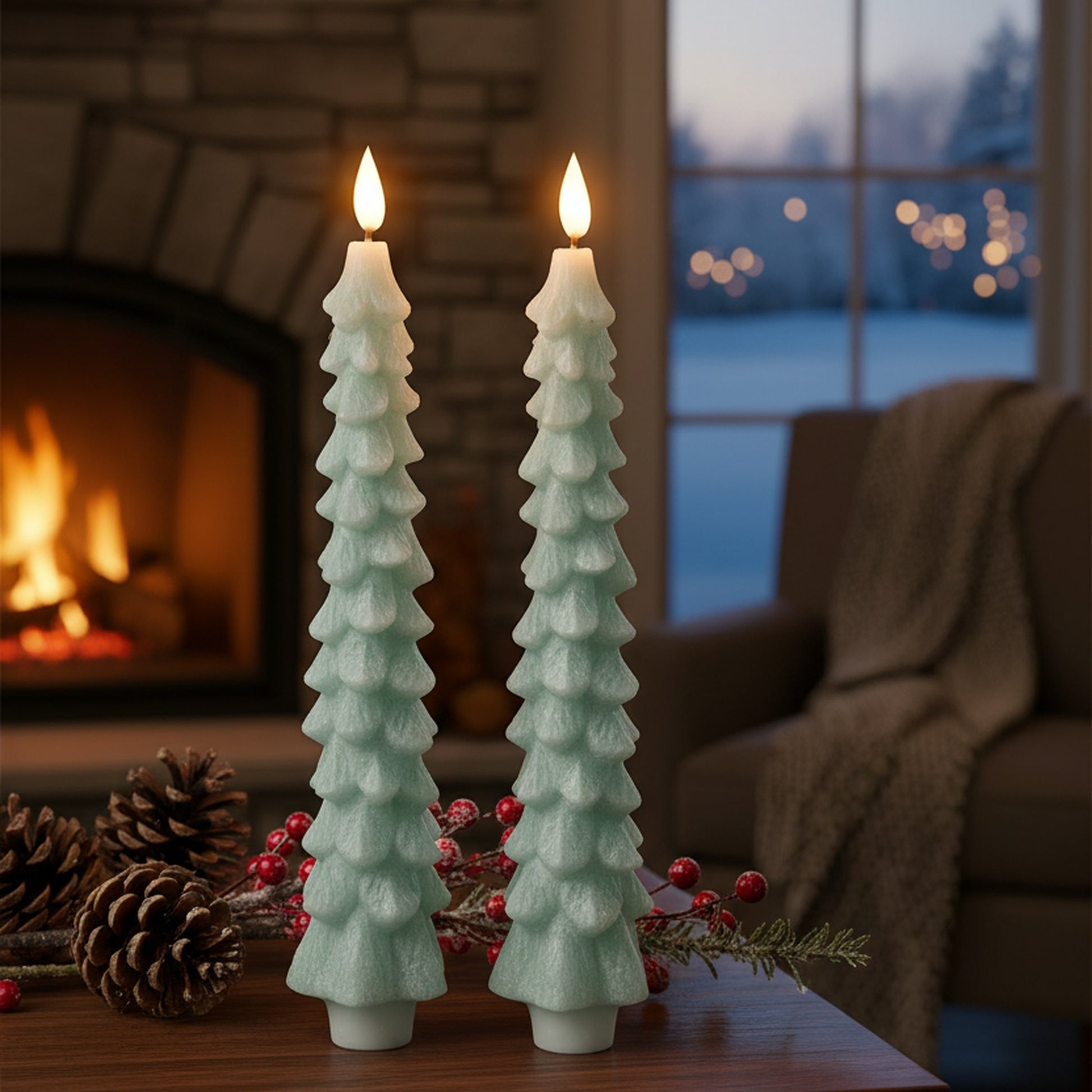 LED Wax Tapered Boxed Candle With Timer Mint 2 Piece, Holiday Decor