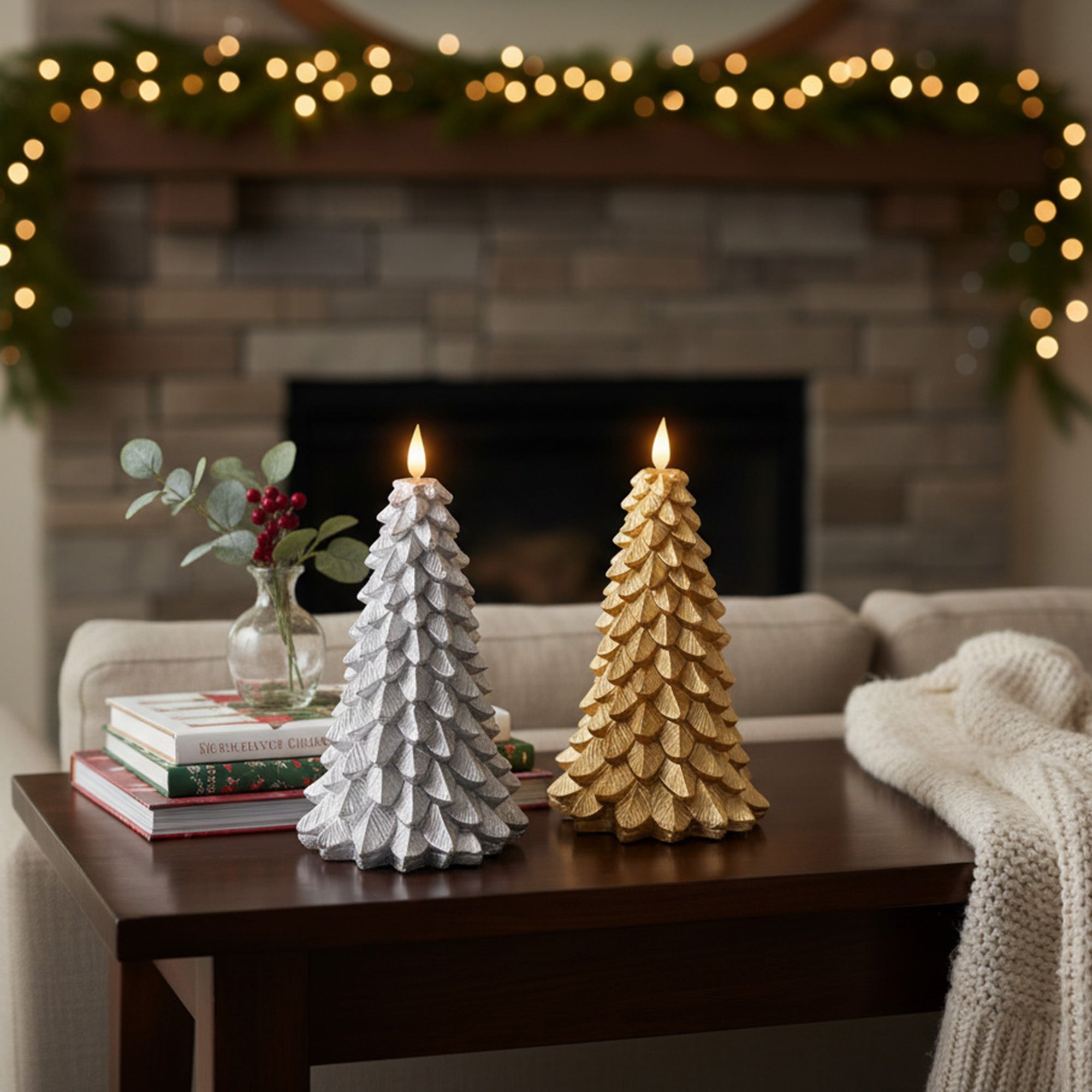 LED Wax Sparkle Tree Candle Large Assorted, Holiday Decor- Set of 2