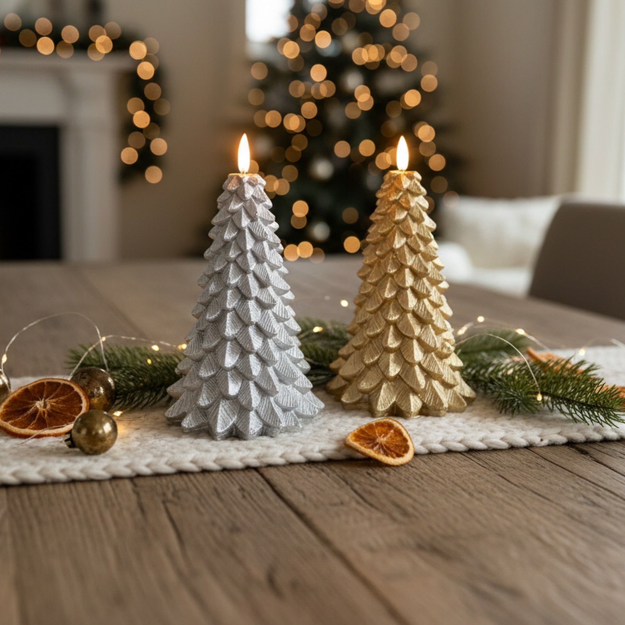 LED Wax Sparkle Tree Candle Large Assorted, Holiday Decor- Set of 2