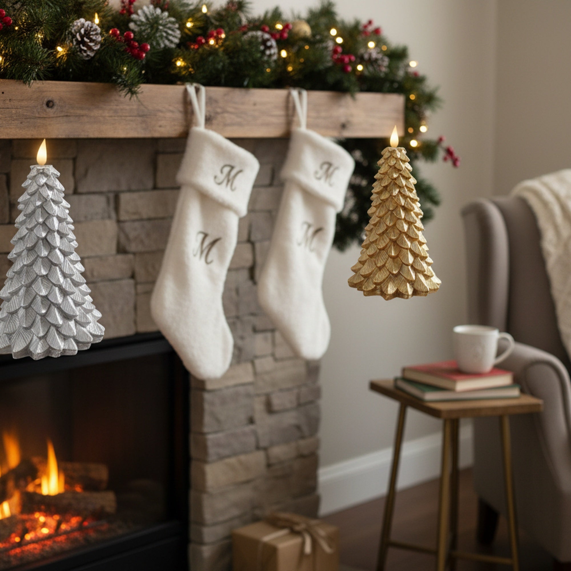 LED Wax Sparkle Tree Candle Large Assorted, Holiday Decor- Set of 2