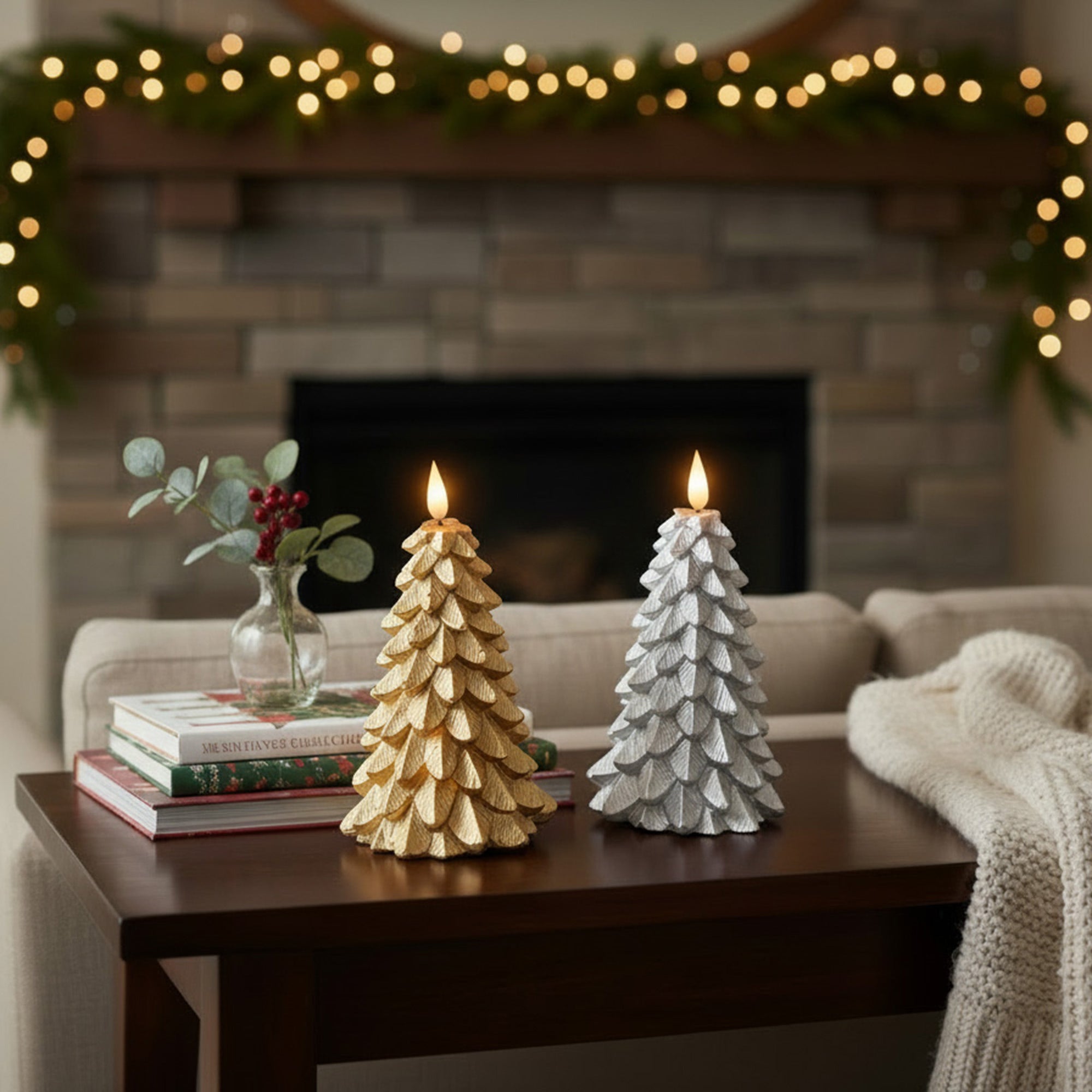 LED Wax Sparkle Tree Candle Small Assorted, Holiday Decor- Set of 2