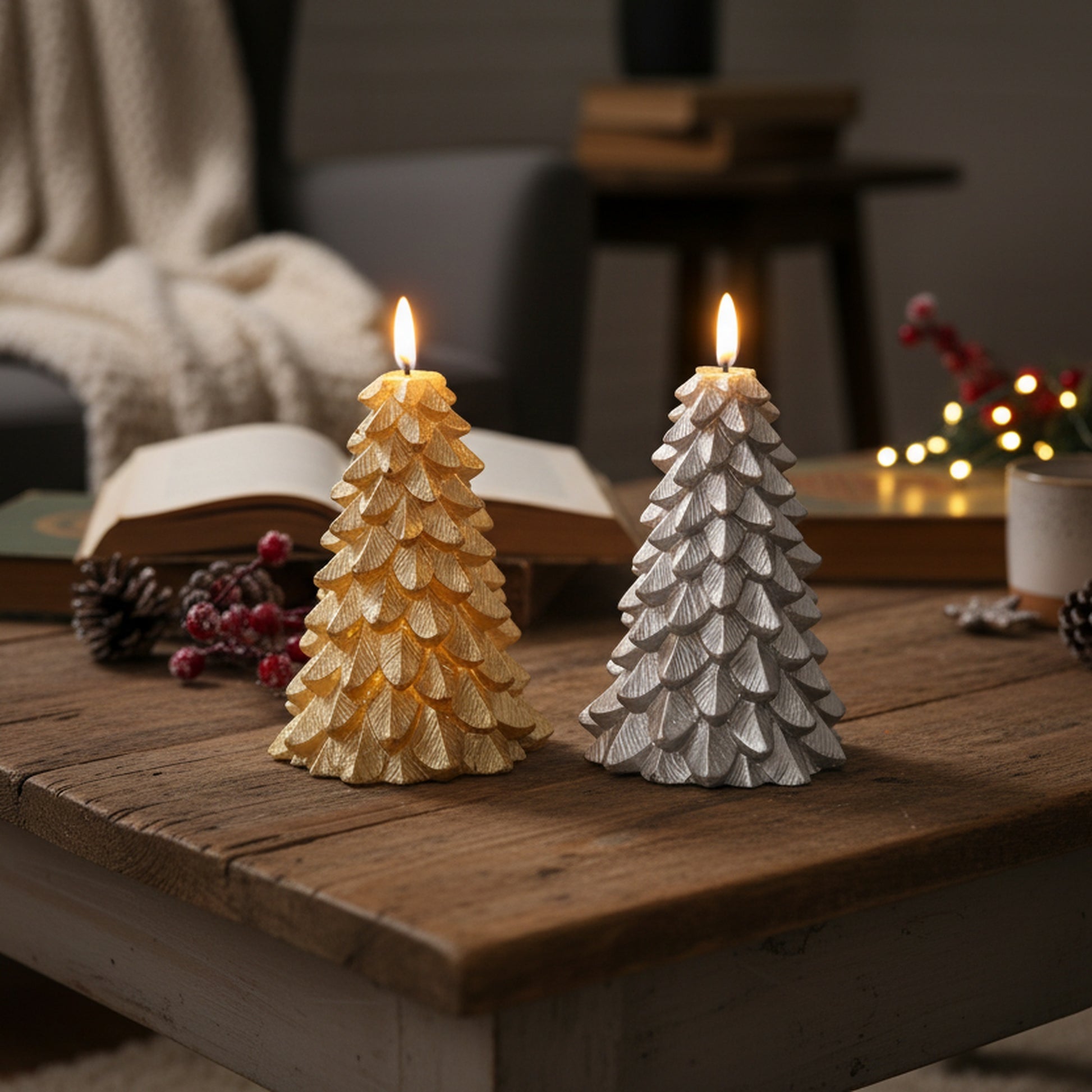 LED Wax Sparkle Tree Candle Small Assorted, Holiday Decor- Set of 2