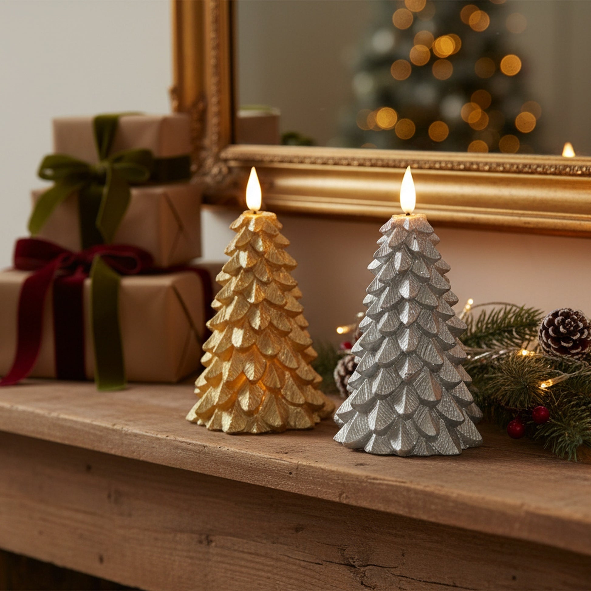 LED Wax Sparkle Tree Candle Small Assorted, Holiday Decor- Set of 2