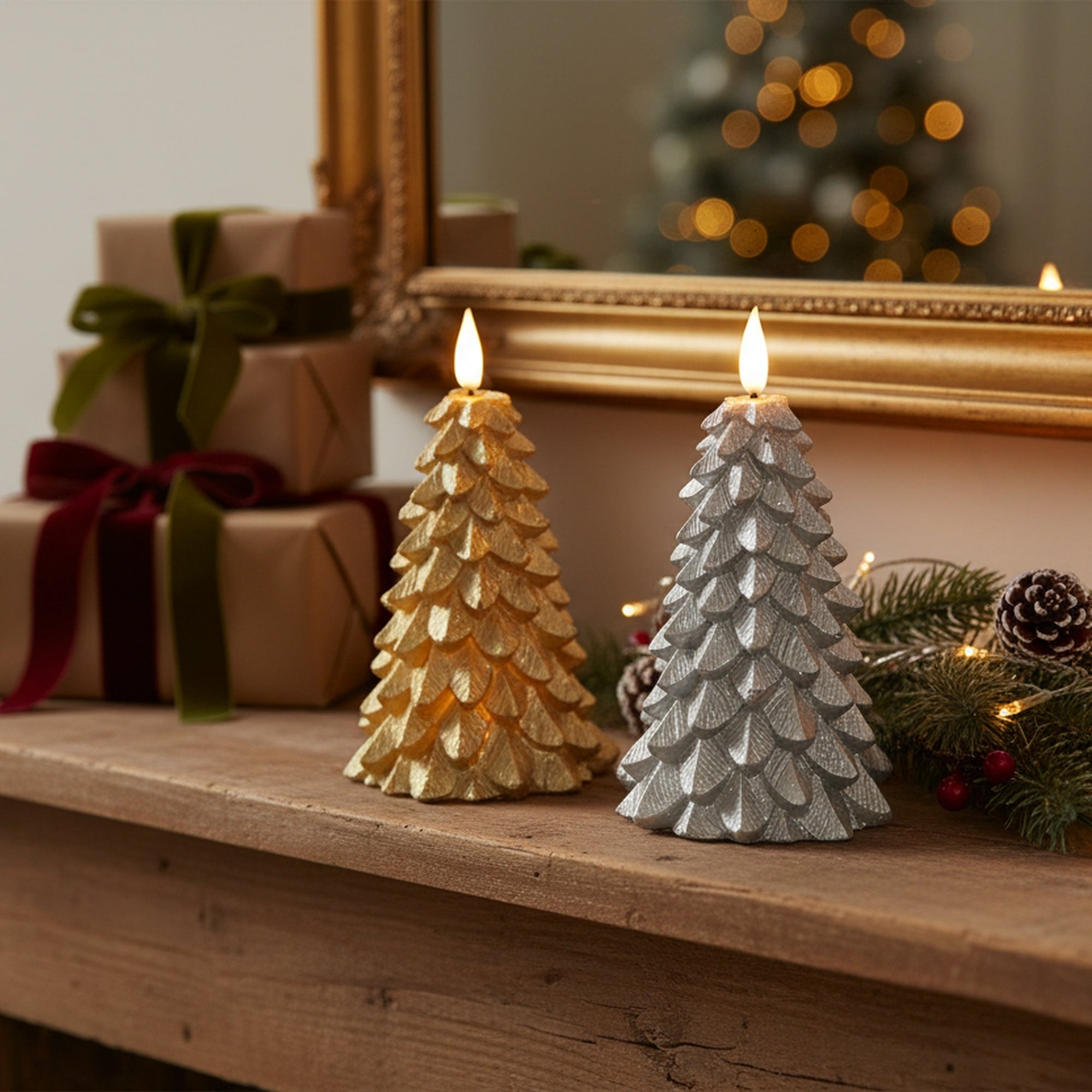 LED Wax Sparkle Tree Candle Small Assorted, Holiday Decor- Set of 2