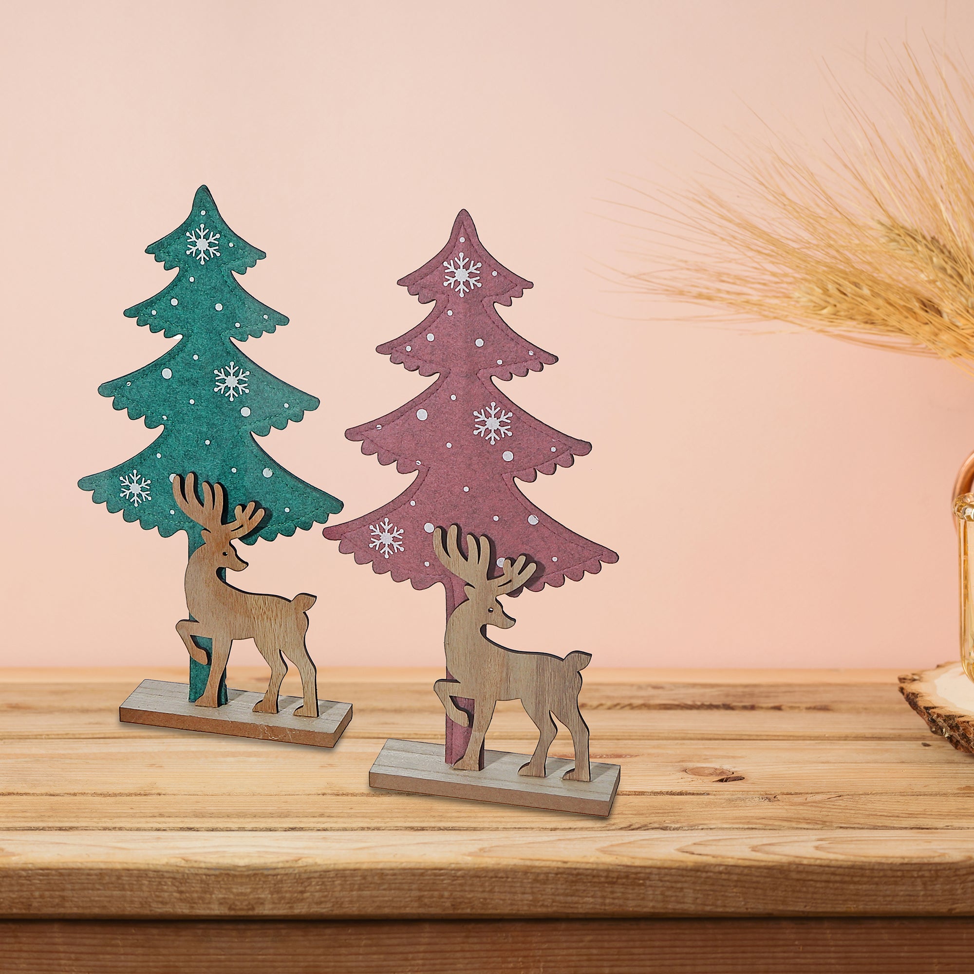 Felt Tree & Wooden Deer Christmas Decor Set of 2 – Holiday Table Decoration