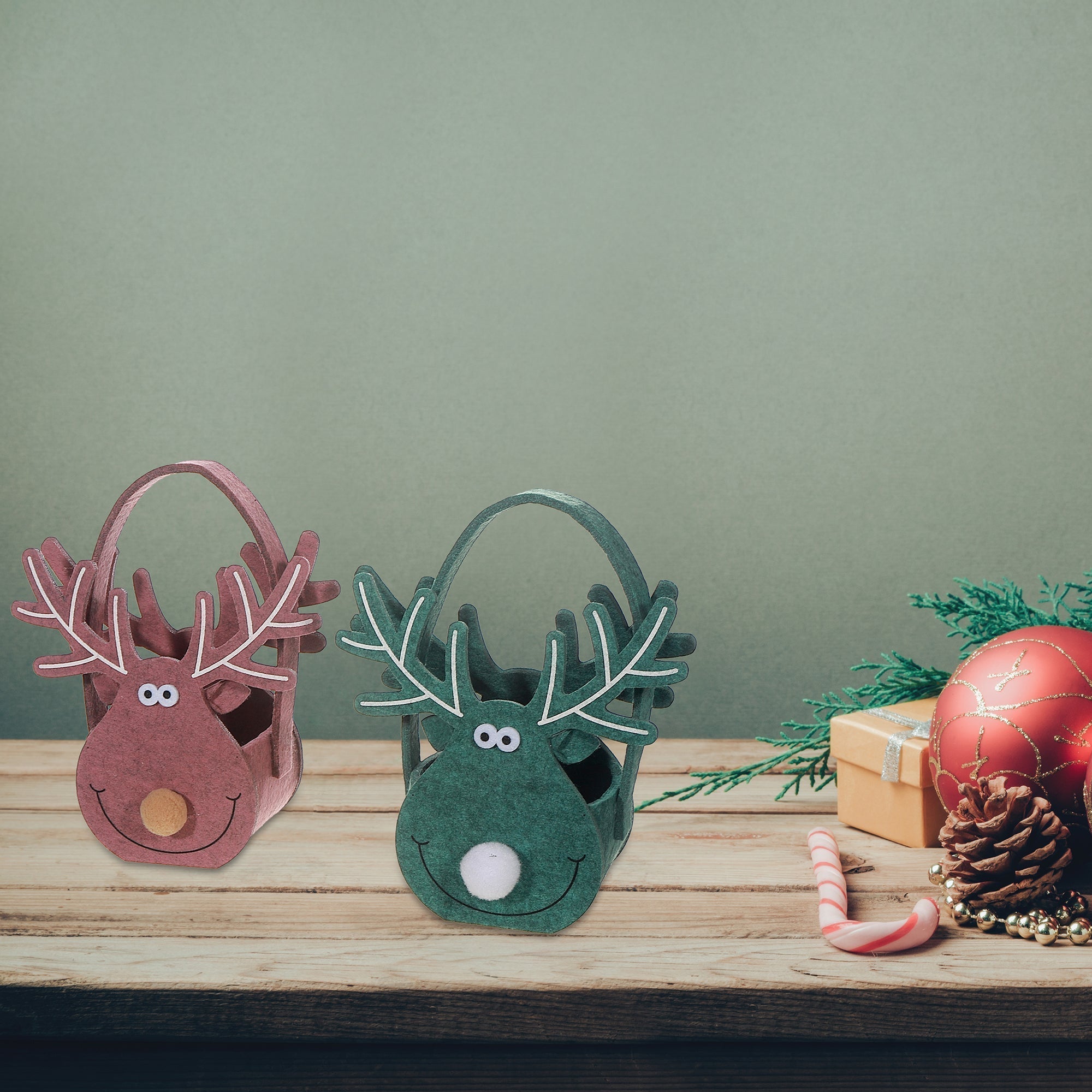 Felt Reindeer Basket Set of 2 – Holiday Christmas Storage & Decoration