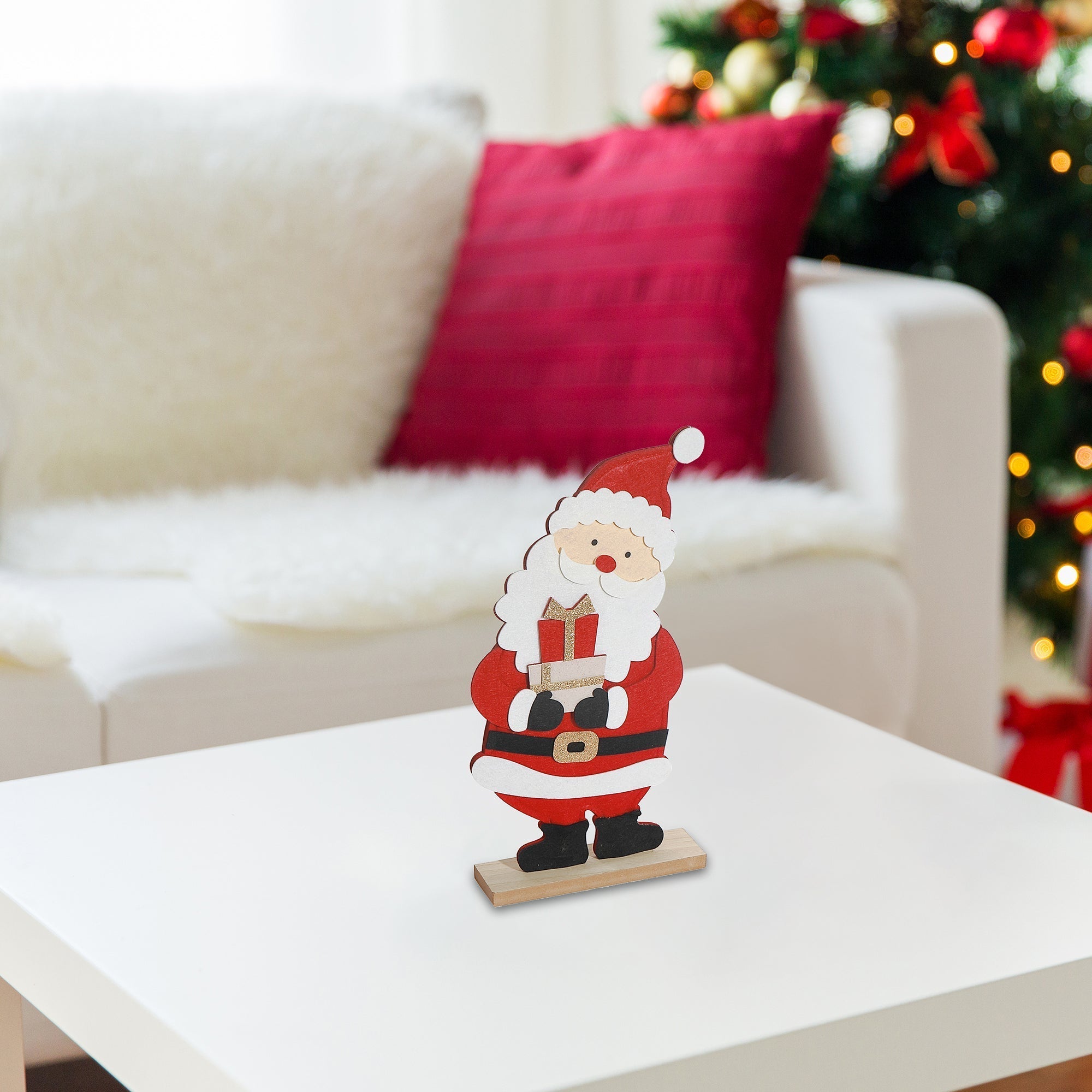 Felt Santa on Wooden Base 13" – Christmas Tabletop Decoration, Holiday Accent, Festive Winter Figurine