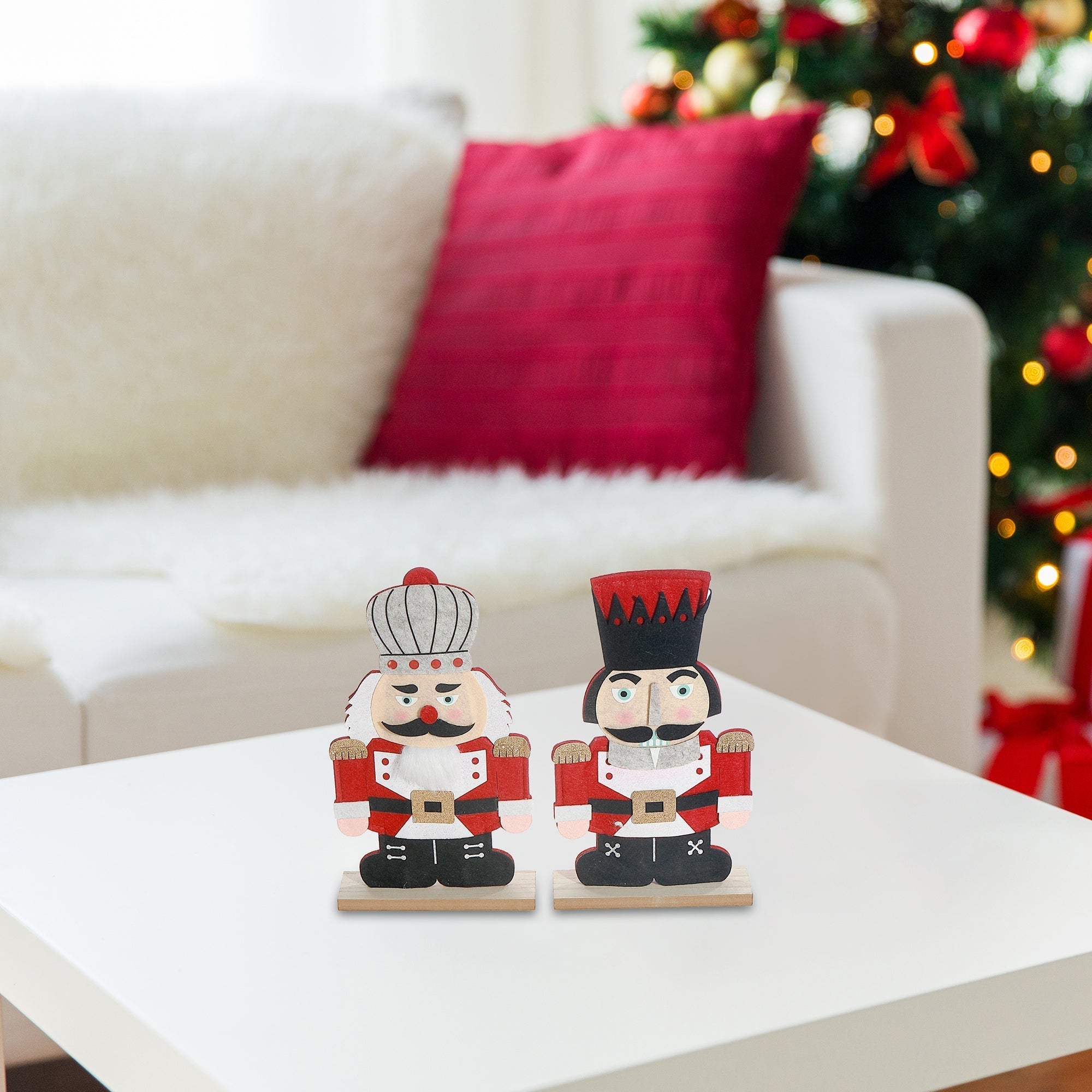 Felt Nutcracker on Wooden Base Set of 2 – Christmas Tabletop Decoration, Holiday Accent, Festive Winter Home Decor