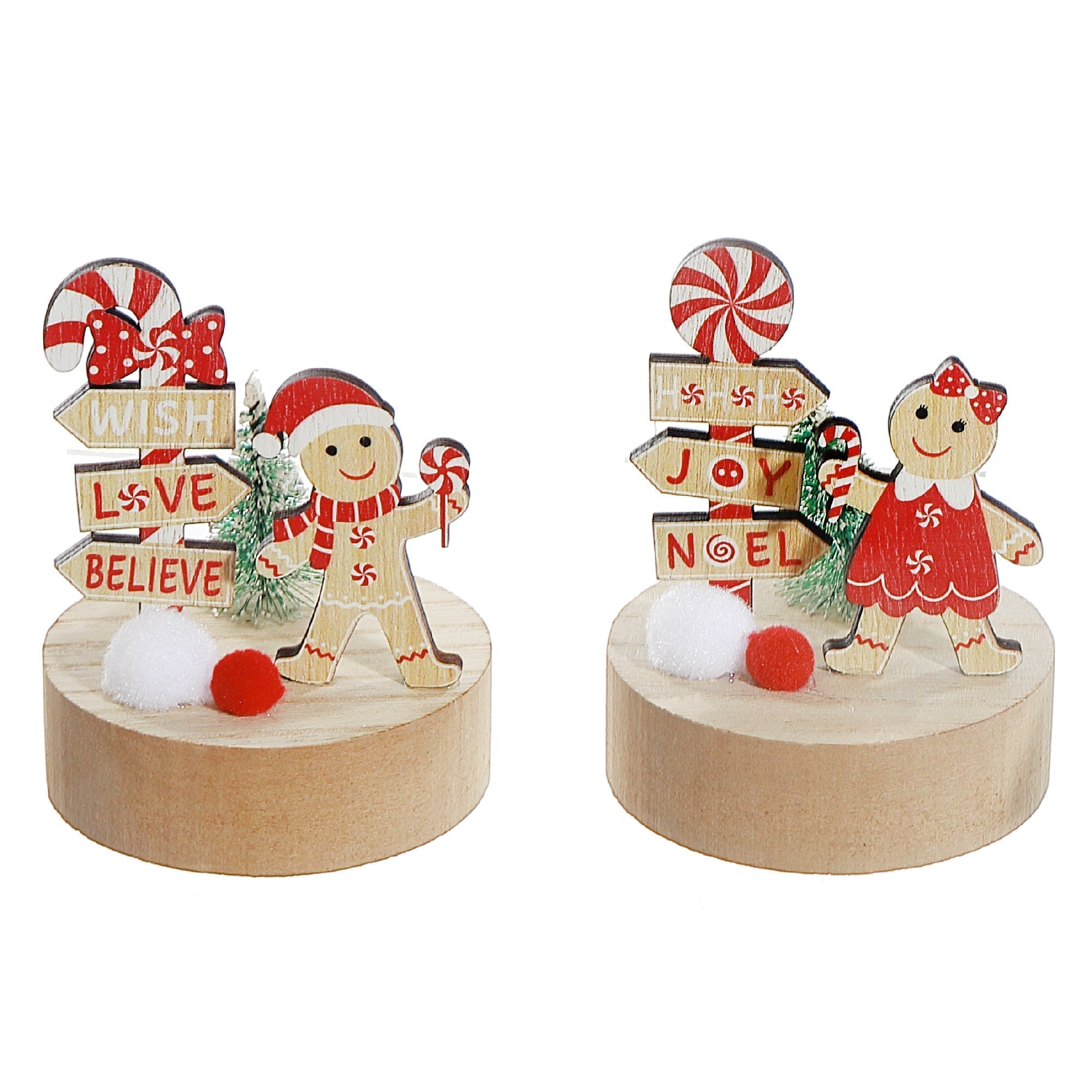 Gingerbread and Candycane on Wood Base Decor Set of 6 – Christmas Tabletop Decoration, Holiday Accent, Festive Winter Figurines