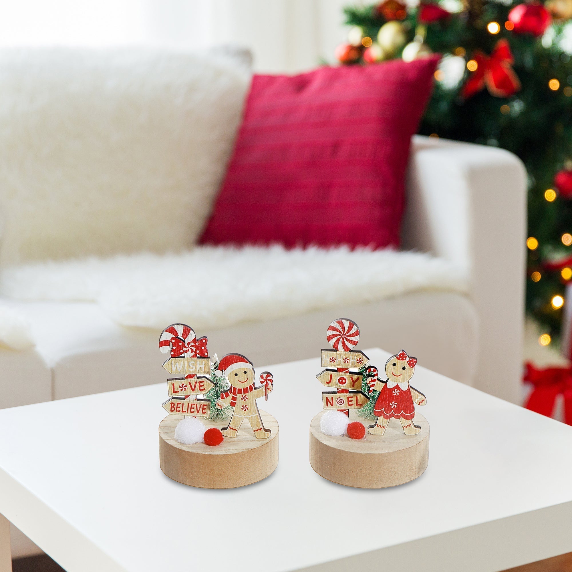 Gingerbread and Candycane on Wood Base Decor Set of 6 – Christmas Tabletop Decoration, Holiday Accent, Festive Winter Figurines