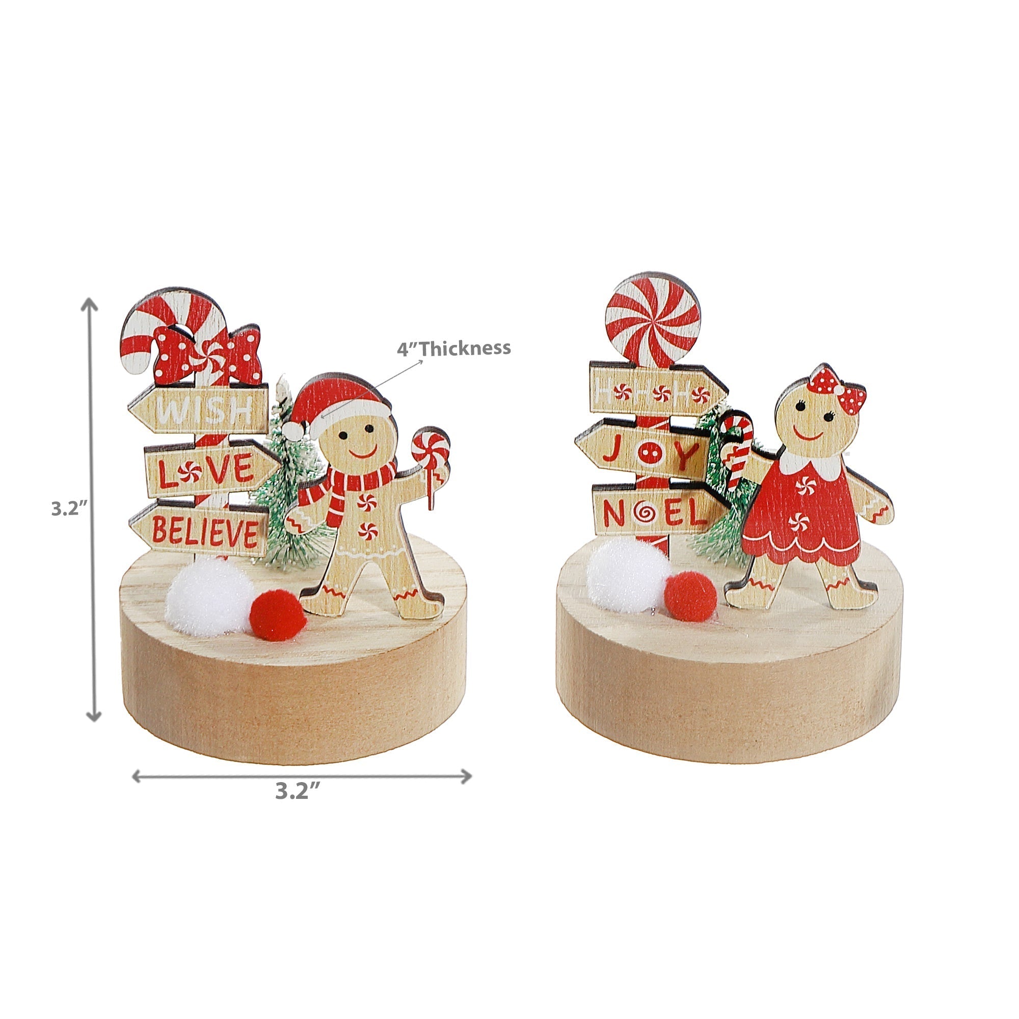 Gingerbread and Candycane on Wood Base Decor Set of 6 – Christmas Tabletop Decoration, Holiday Accent, Festive Winter Figurines