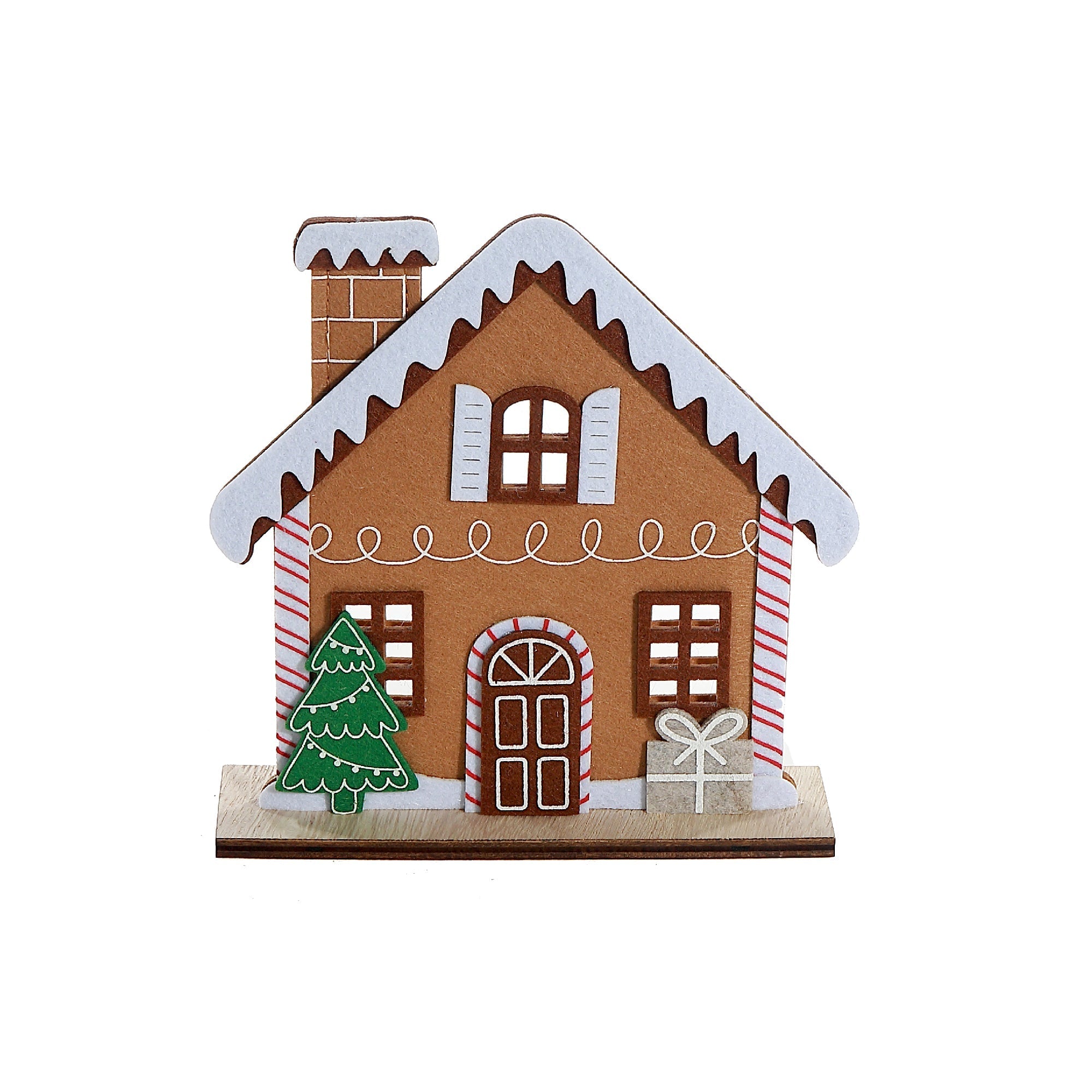 Felt Gingerbread House on Wooden Base Set of 2 – Christmas Tabletop Decoration, Holiday Accent, Festive Seasonal Decor