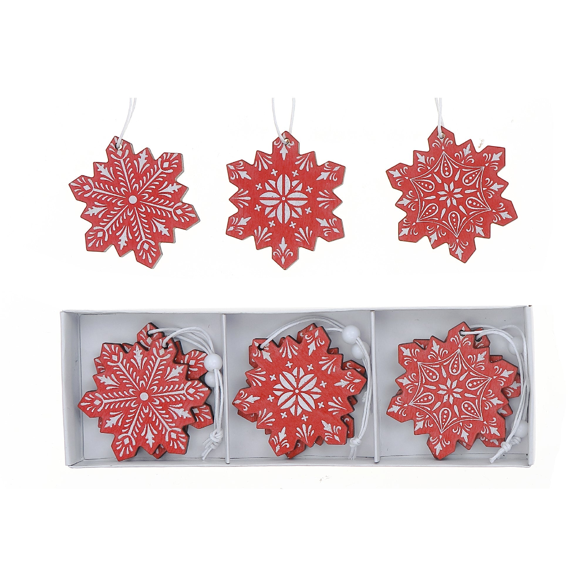 Red and White Wooden Snowflake Christmas Ornaments, Holiday Tree Decorations, Rustic Festive Ornaments, Set of 2