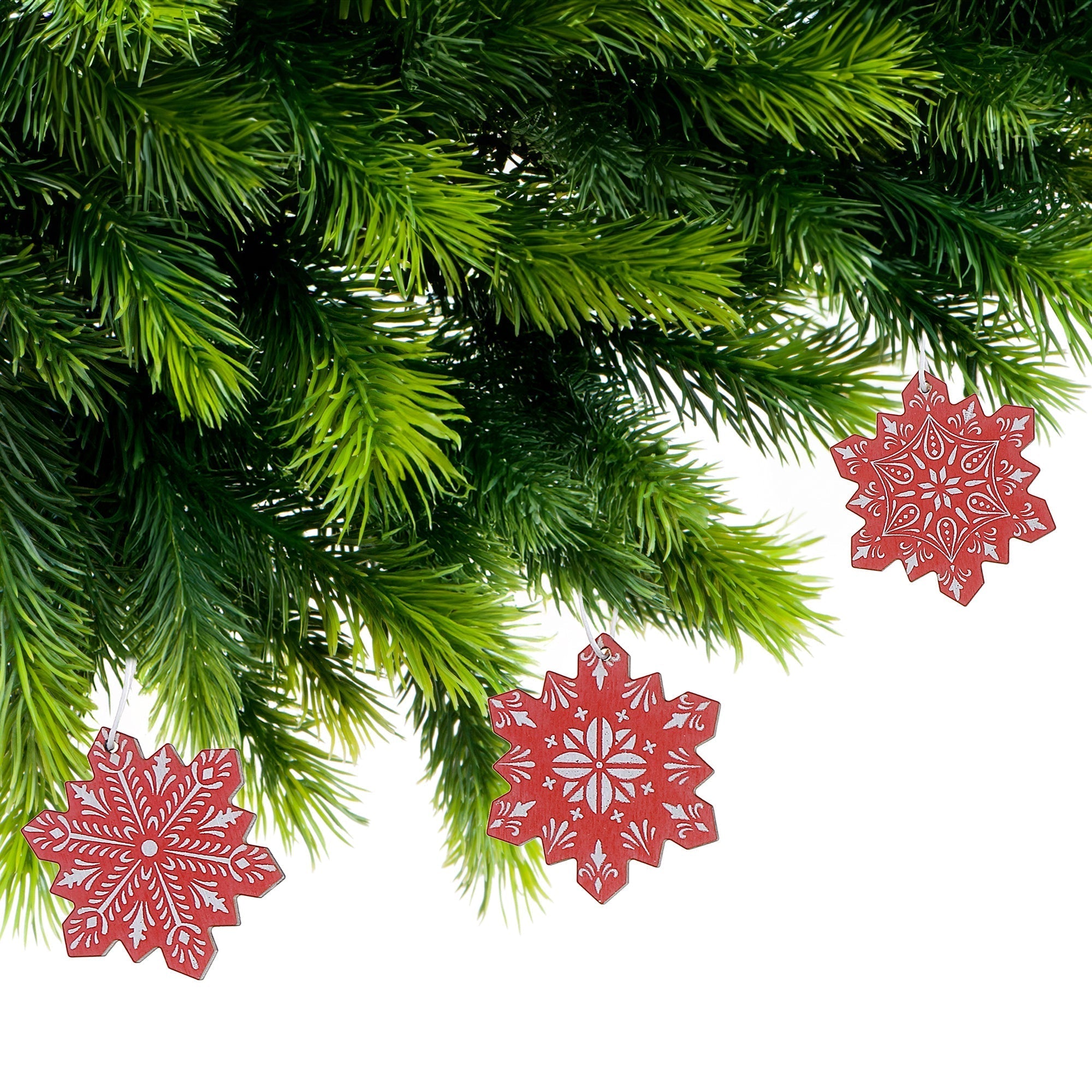 Red and White Wooden Snowflake Christmas Ornaments, Holiday Tree Decorations, Rustic Festive Ornaments, Set of 2