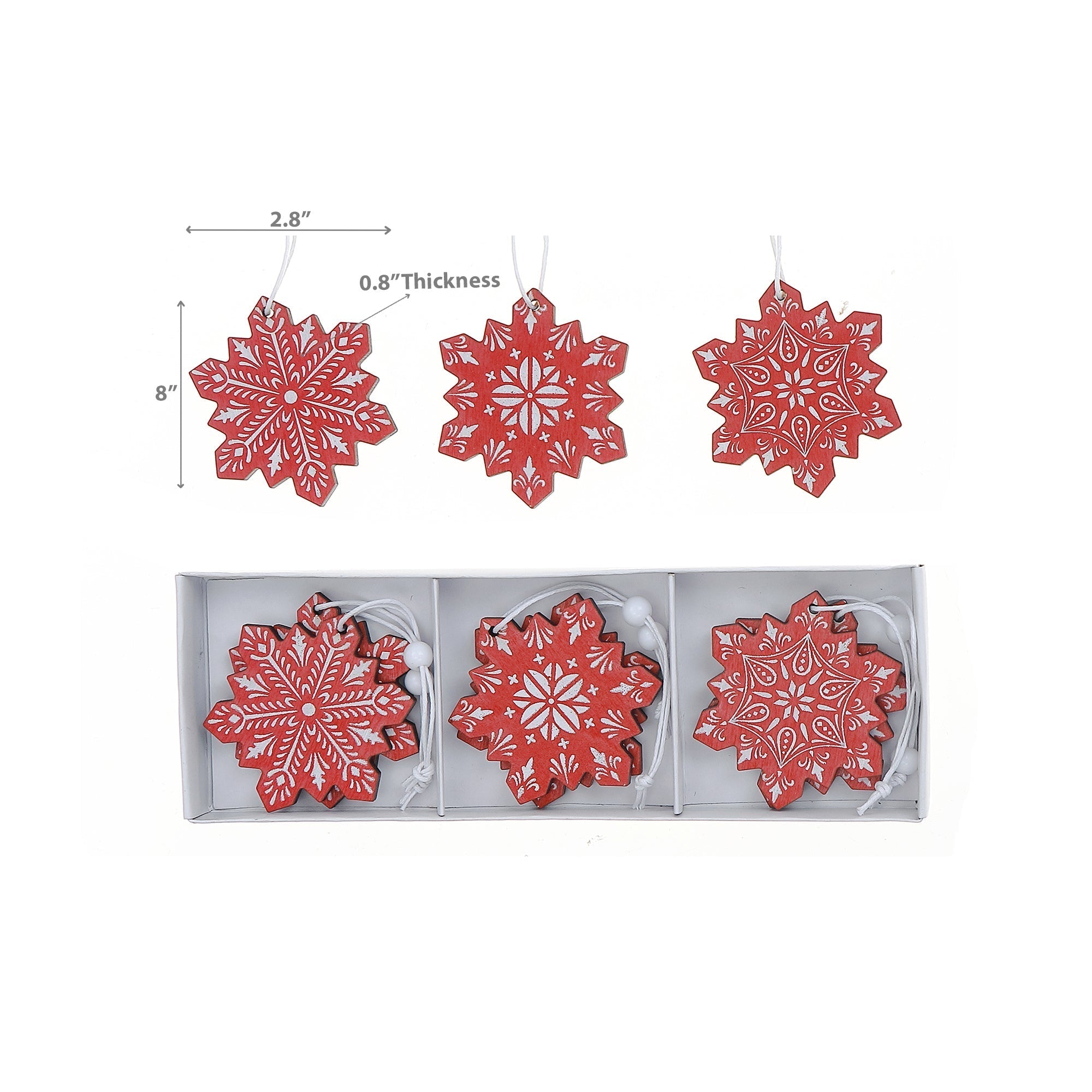 Red and White Wooden Snowflake Christmas Ornaments, Holiday Tree Decorations, Rustic Festive Ornaments, Set of 2