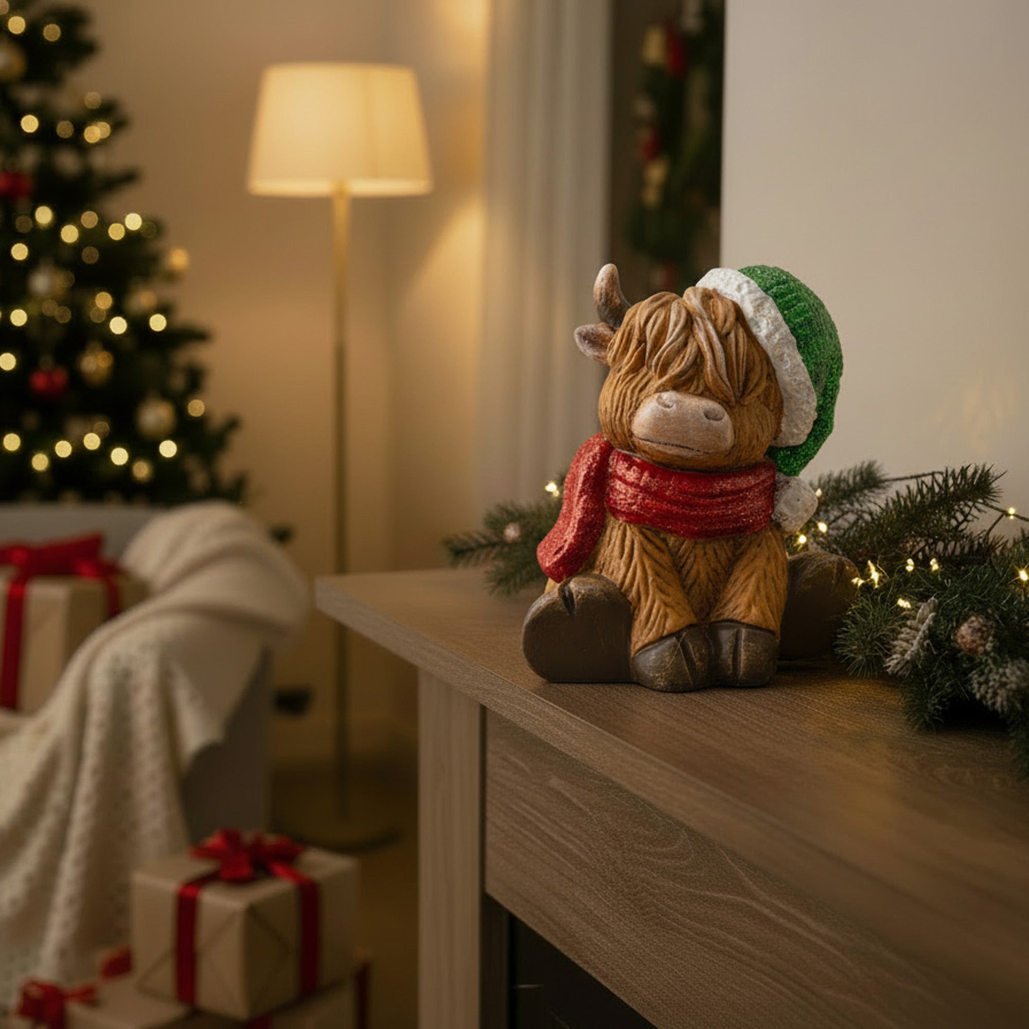 Polyresin Holiday Highland Cow Sitting Figurine, Figurine, Holiday Decor
