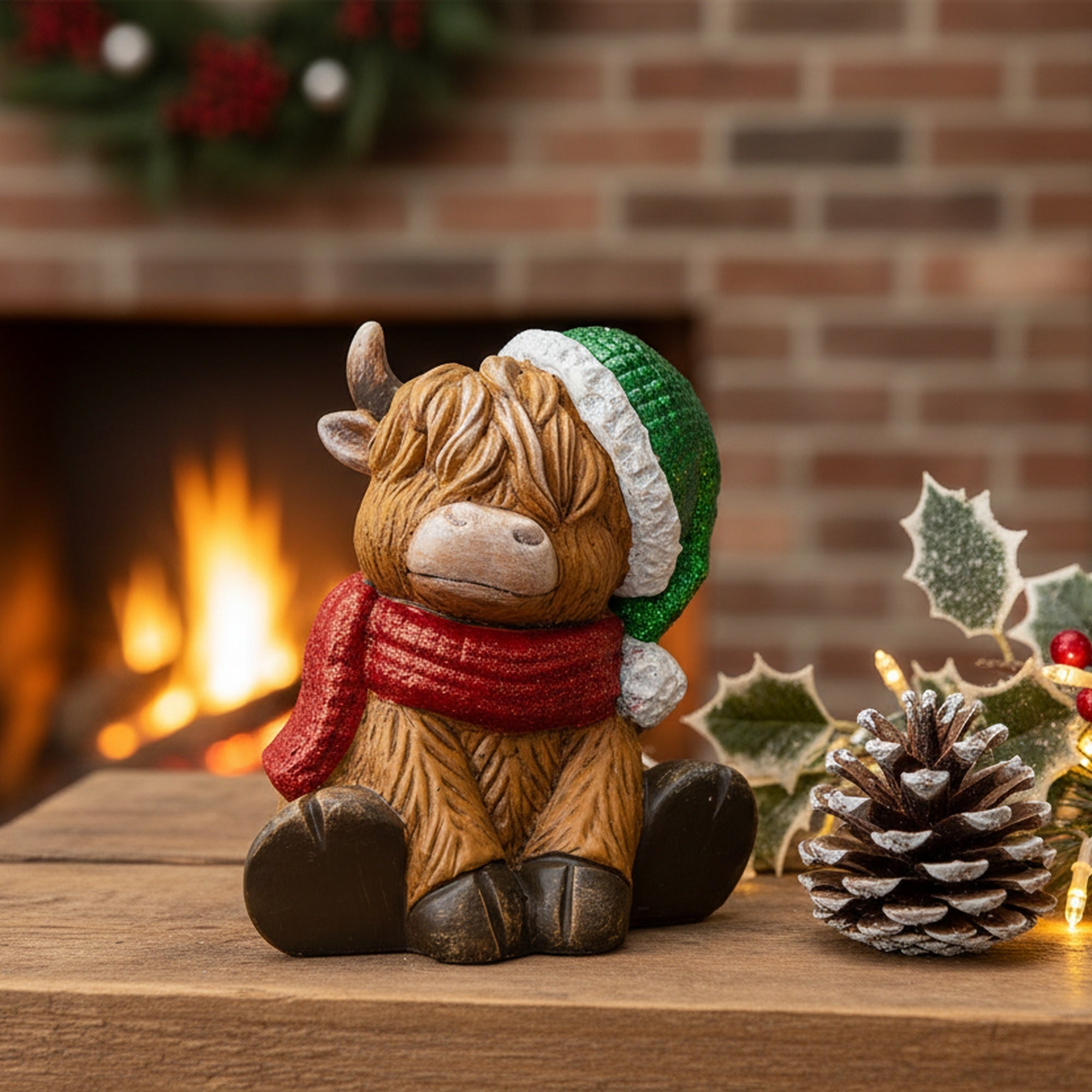 Polyresin Holiday Highland Cow Sitting Figurine, Figurine, Holiday Decor