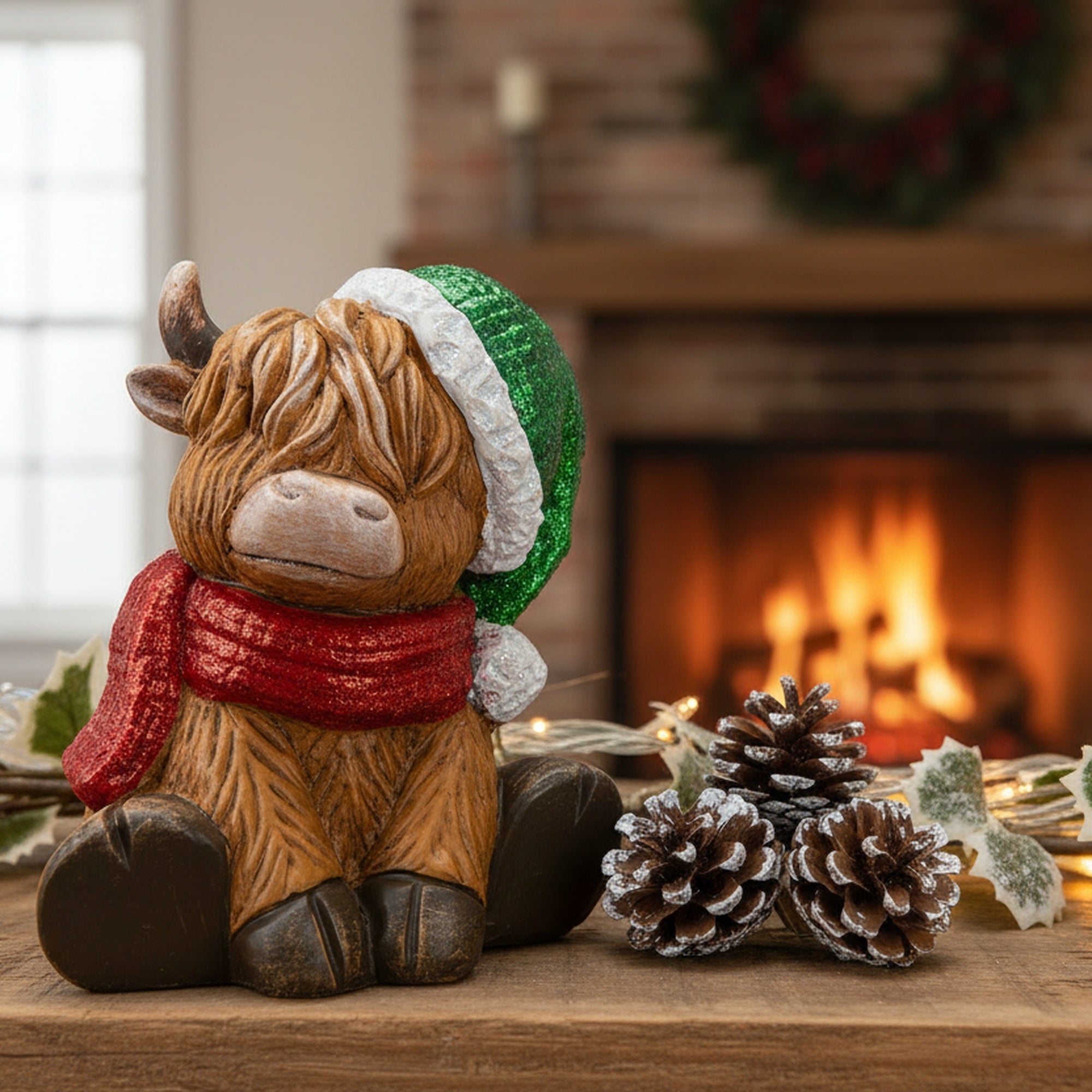 Polyresin Holiday Highland Cow Sitting Figurine, Figurine, Holiday Decor