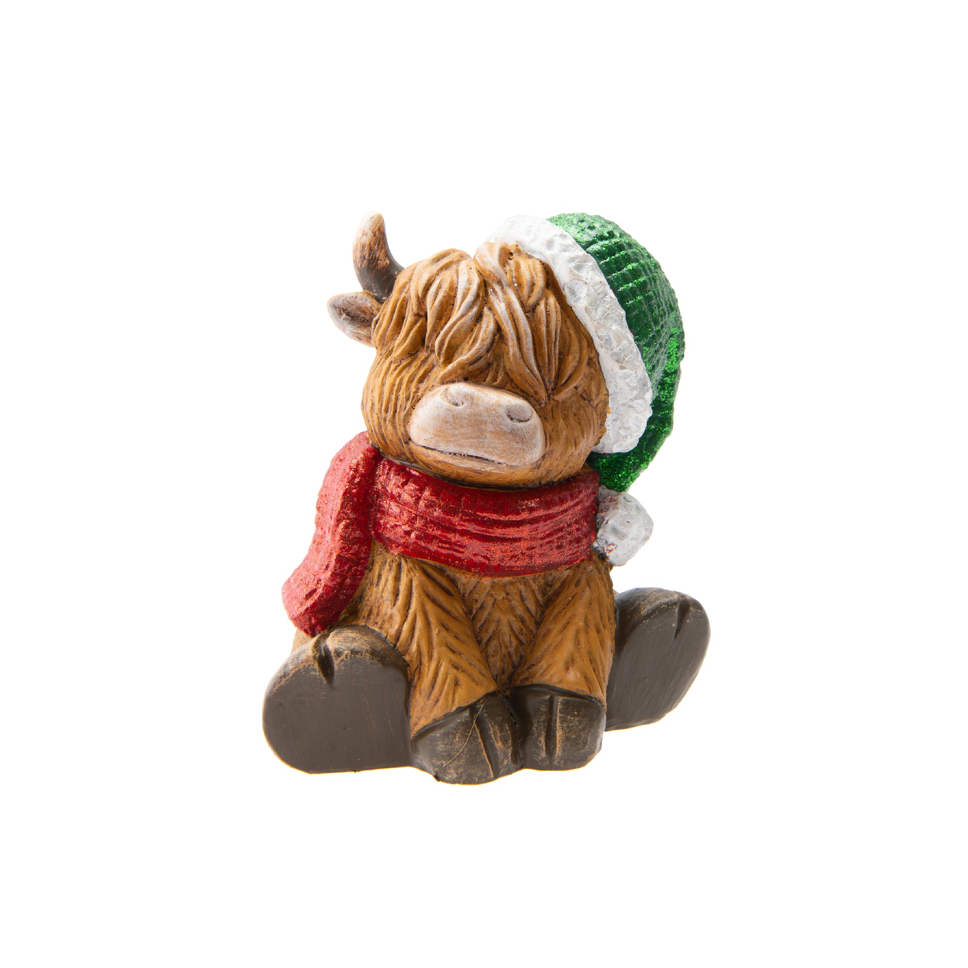 Polyresin Holiday Highland Cow Sitting Figurine, Figurine, Holiday Decor