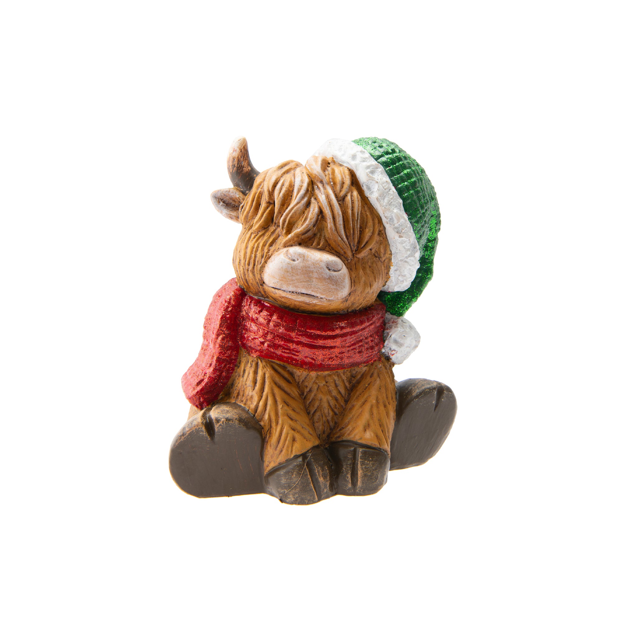 Polyresin Holiday Highland Cow Sitting Figurine, Figurine, Holiday Decor