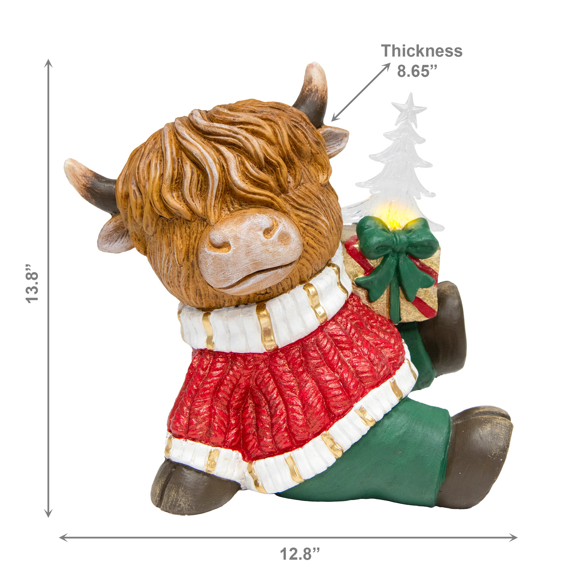 LED Polyresin Highland Cow Holding Present Figurine, Figurine, Holiday Decor