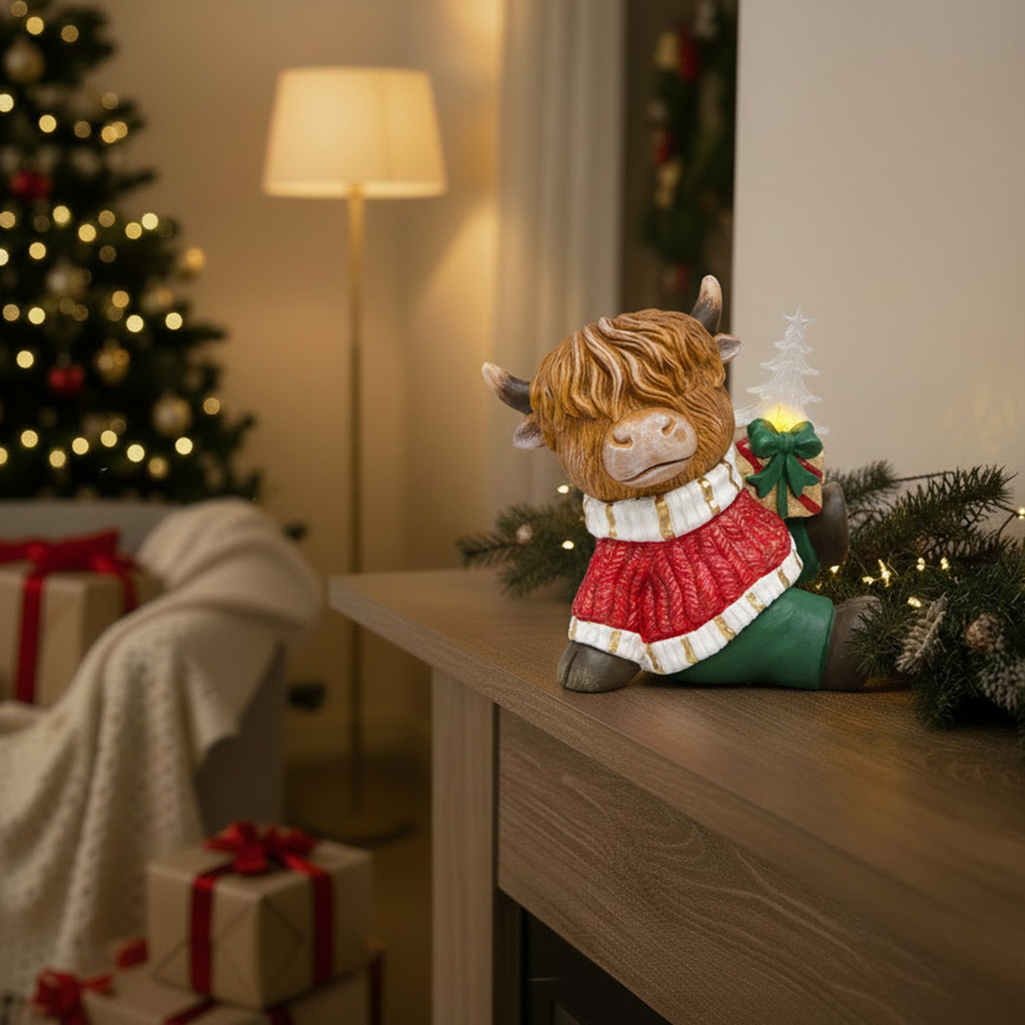 LED Polyresin Highland Cow Holding Present Figurine, Figurine, Holiday Decor
