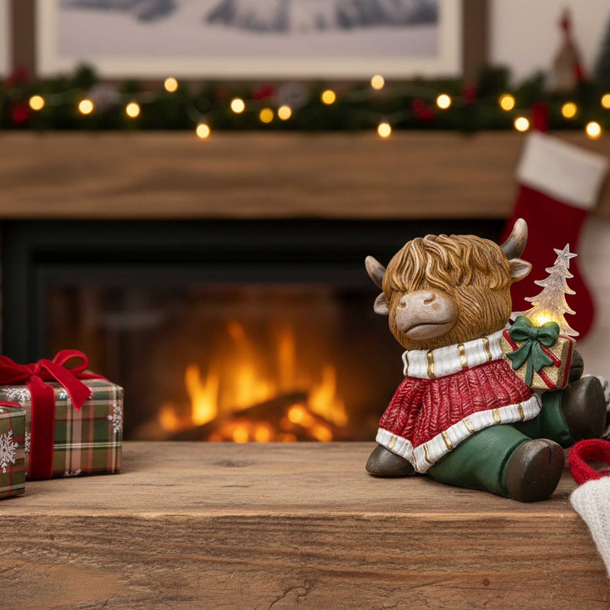 LED Polyresin Highland Cow Holding Present Figurine, Figurine, Holiday Decor