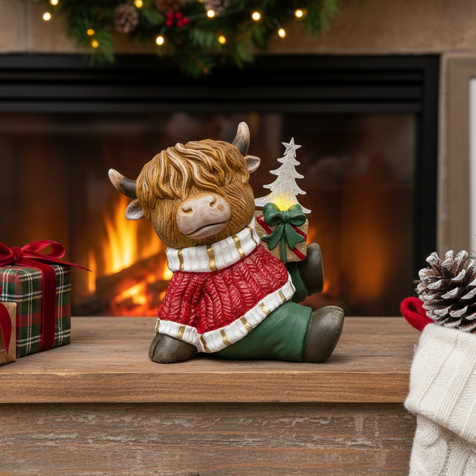LED Polyresin Highland Cow Holding Present Figurine, Figurine, Holiday Decor