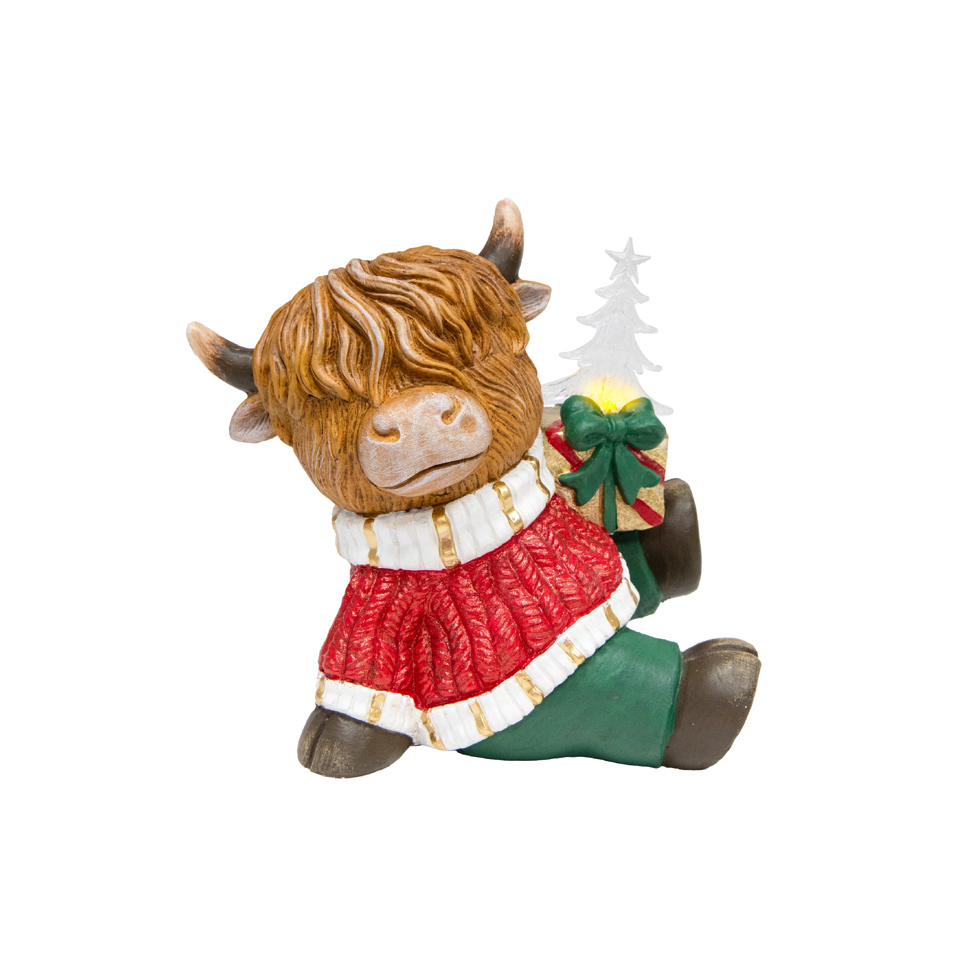 LED Polyresin Highland Cow Holding Present Figurine, Figurine, Holiday Decor