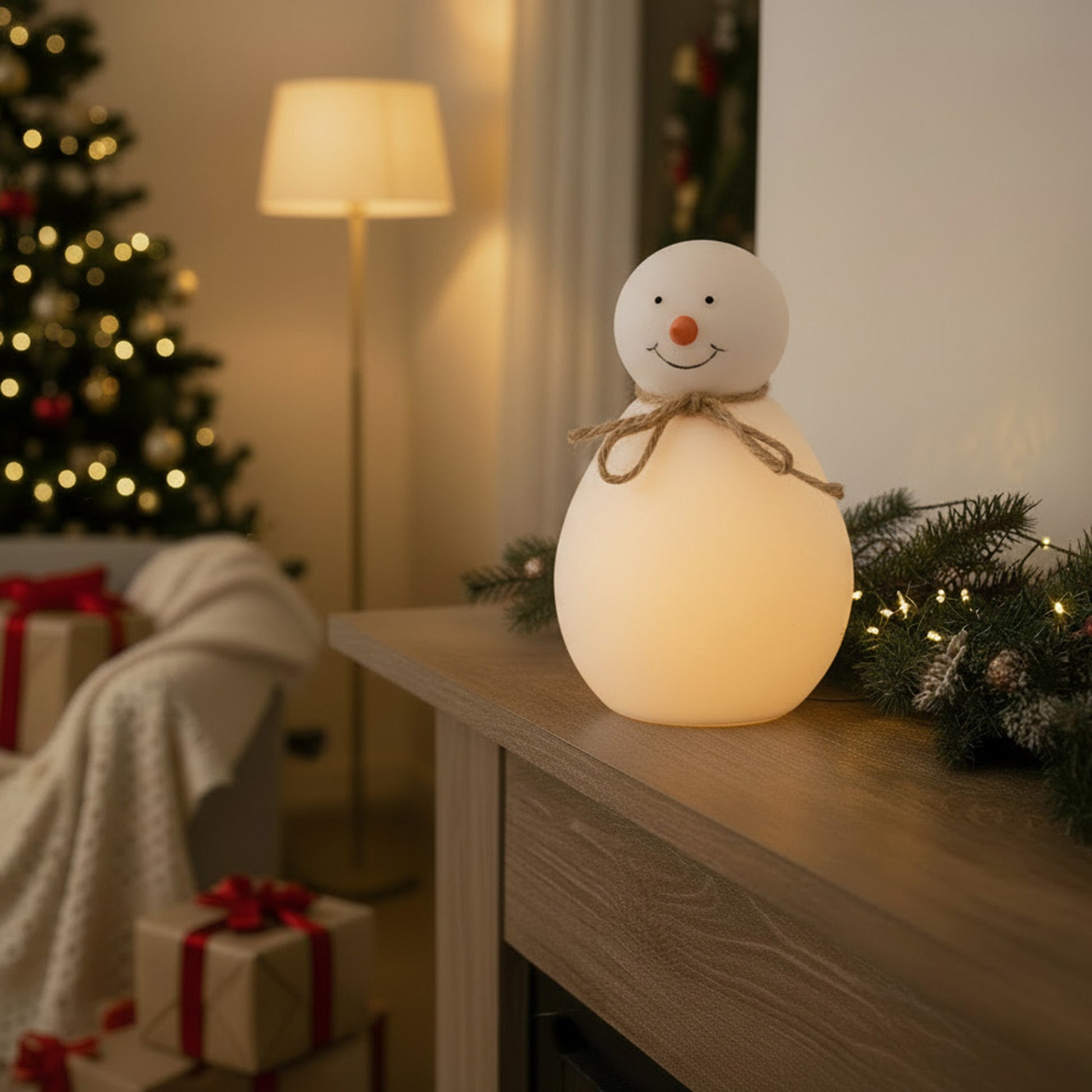LED Porcelain Snowman Figurine with Twine, Christmas, Figurine, Holiday Decor